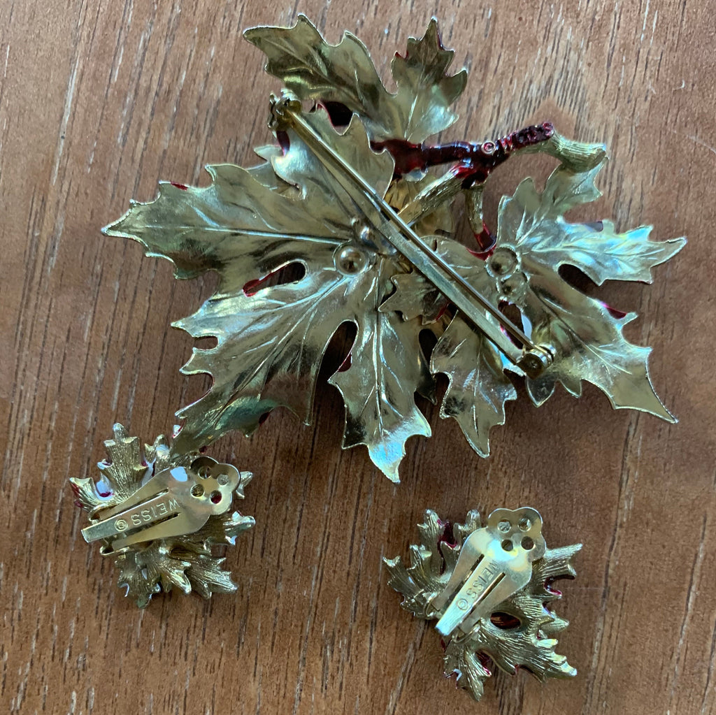 Vintage Signed Weiss Enameled Falls Leaves Brooch Pin and Earrings Set