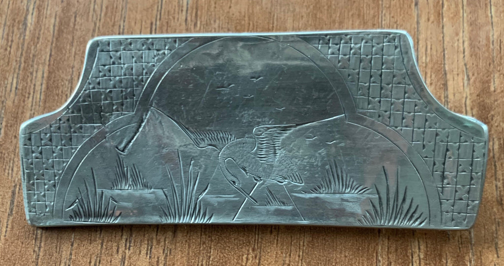 Artist Handmade Sterling Silver Chinese Carved Brooch Pin with Crane Scene