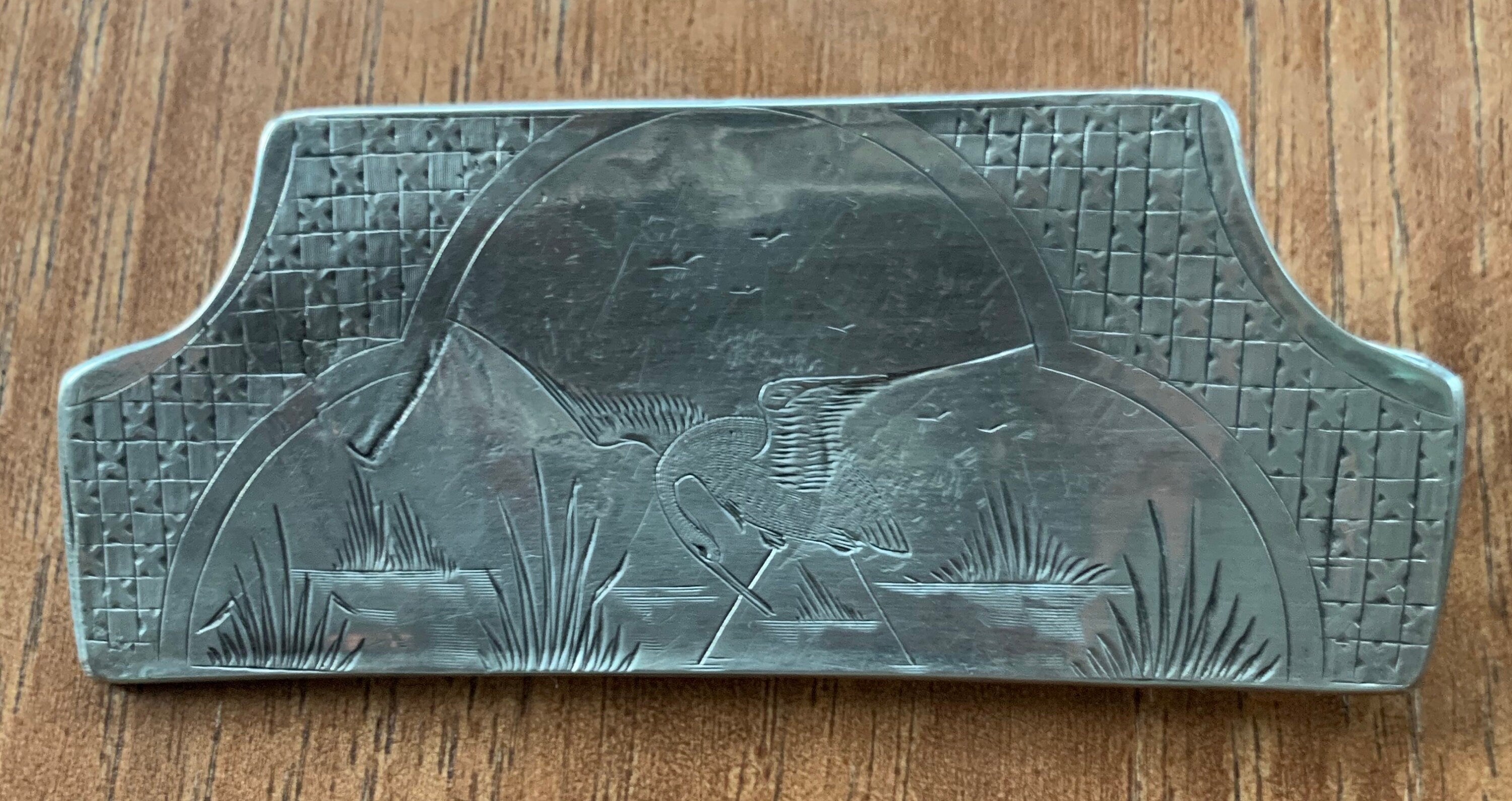Artist Handmade Sterling Silver Chinese Carved Brooch Pin with Crane Scene