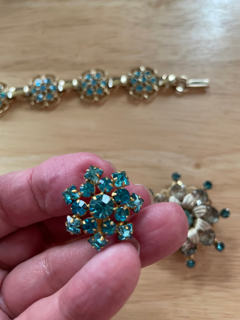 Beautiful Blue Rhinestone Bracelet Brooch Pin and Screw Back Earrings