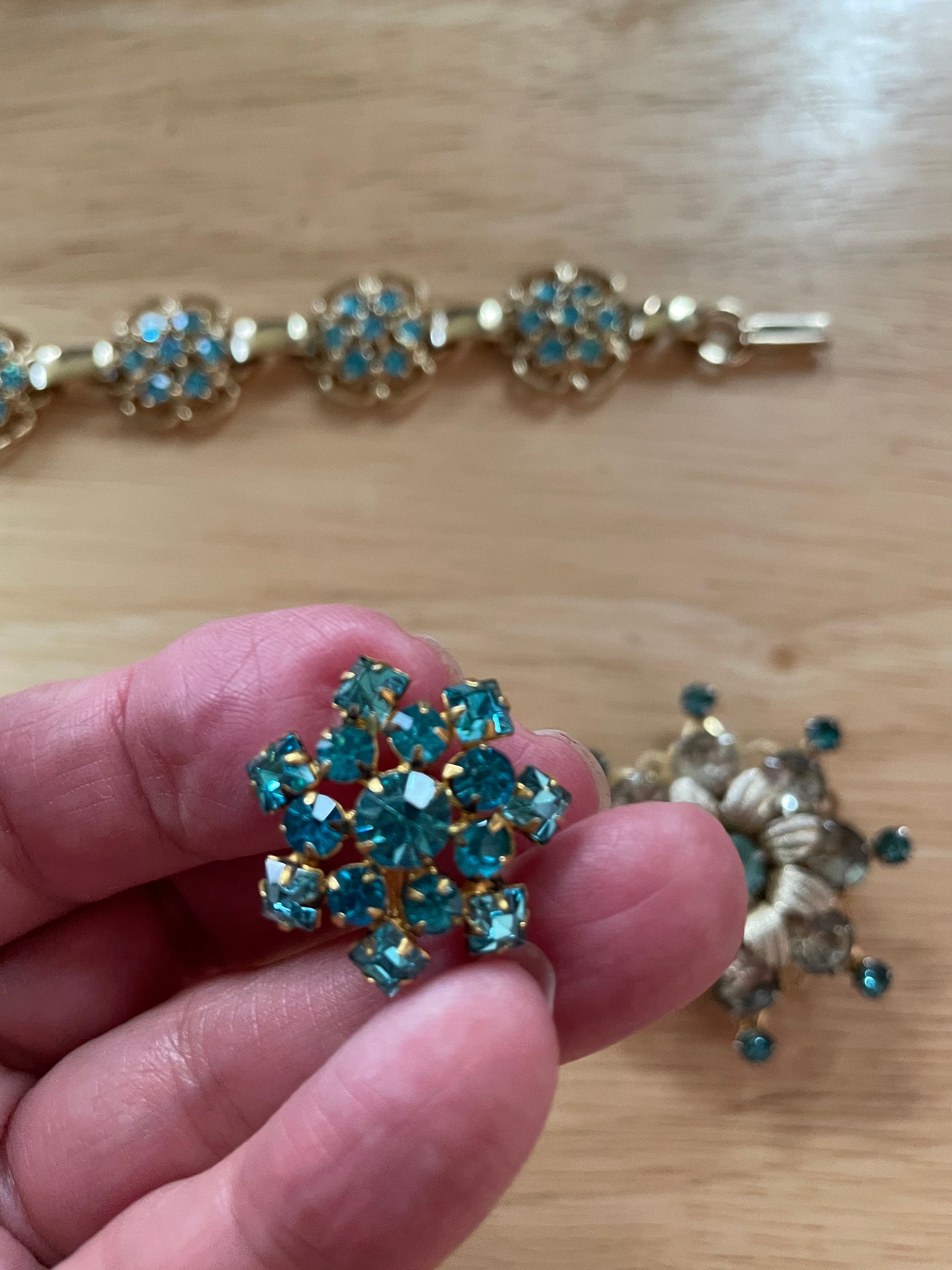 Beautiful Blue Rhinestone Bracelet Brooch Pin and Screw Back Earrings