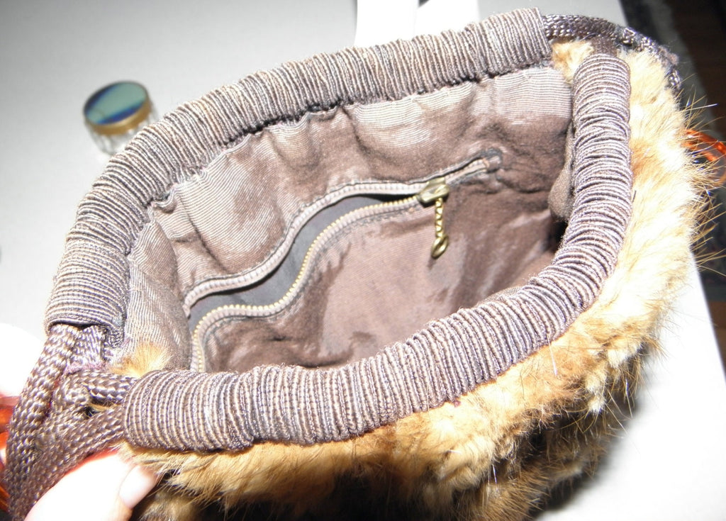 Beautiful Unique Soft Brown Vintage Mink Muff Purse with Pull Strings to Match a Brown Mink Jacket Lucite Closure
