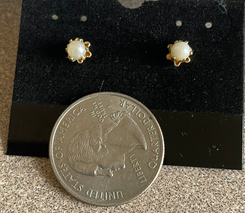 Vintage Petite Delicate Genuine Pearl 14k G.F Gold Post Earrings Holiday Gift for Her or Him