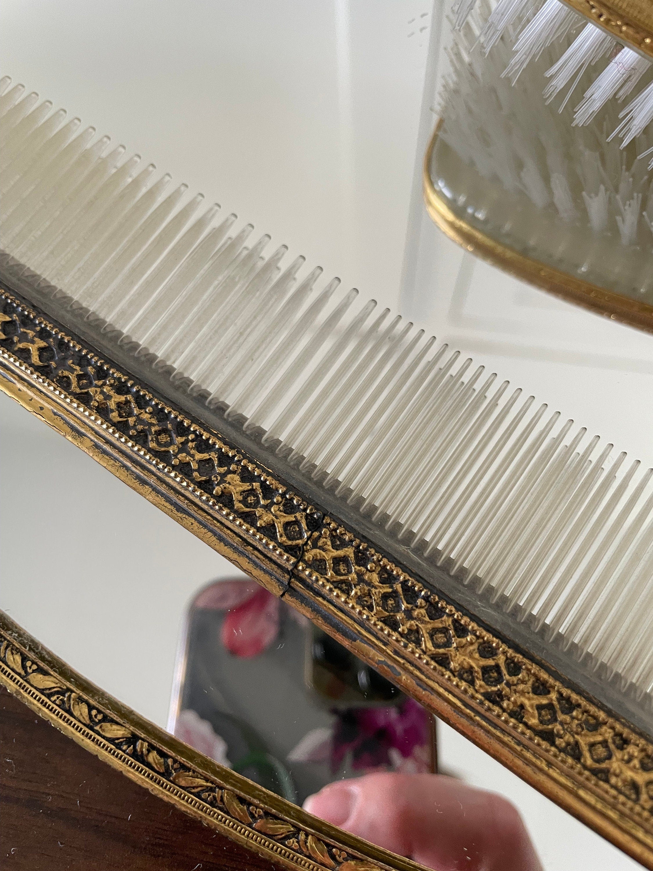 Beautiful Antique Victorian Ormolu Vanity Set Tray Comb Brush Jewelry Box Clock Soap Dish Glass and Holder Amber Rhinestones 8 Pieces