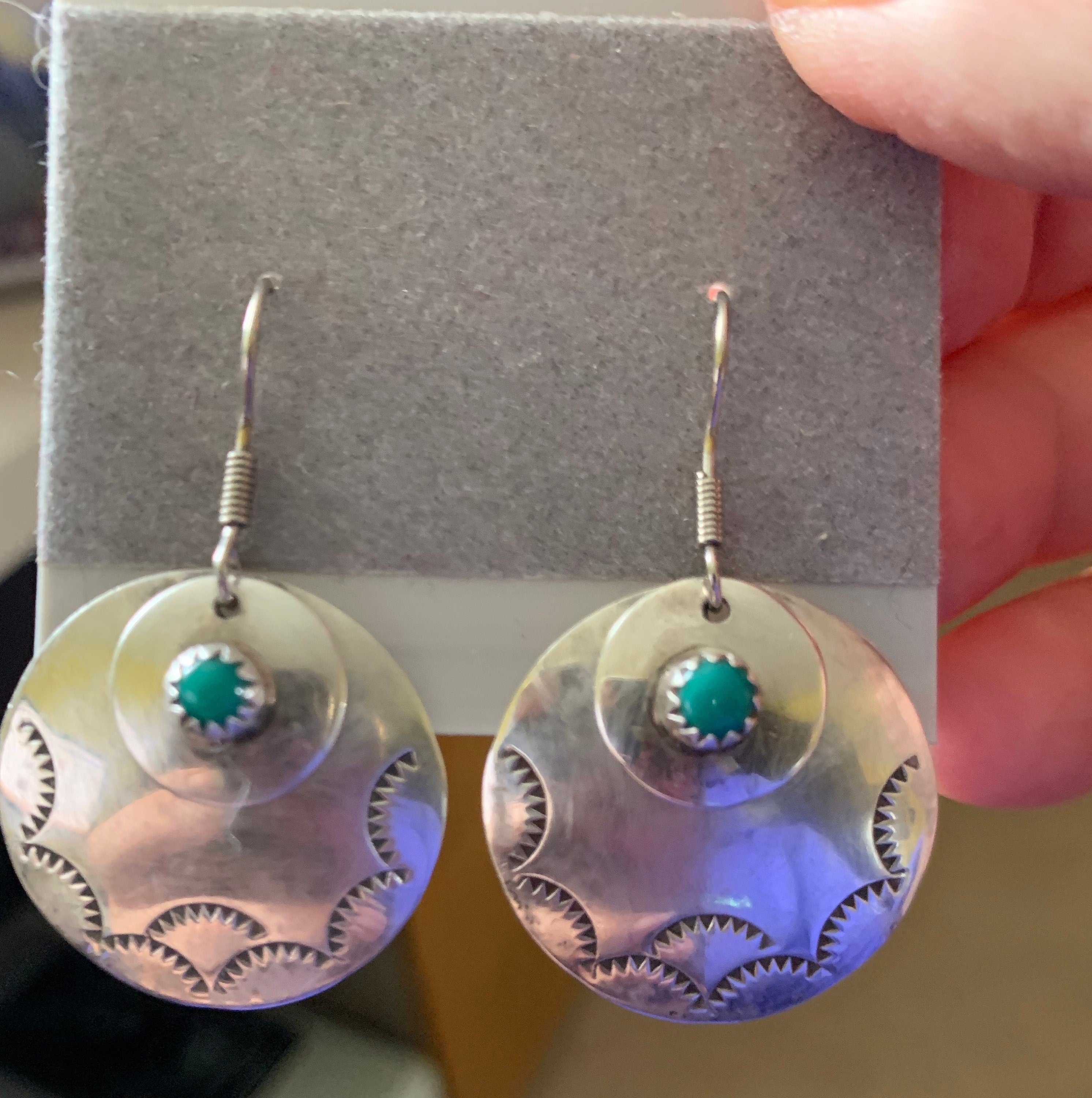 Beautiful Artist Signed Native American Sterling Silver Turquoise Earrings Signed JC