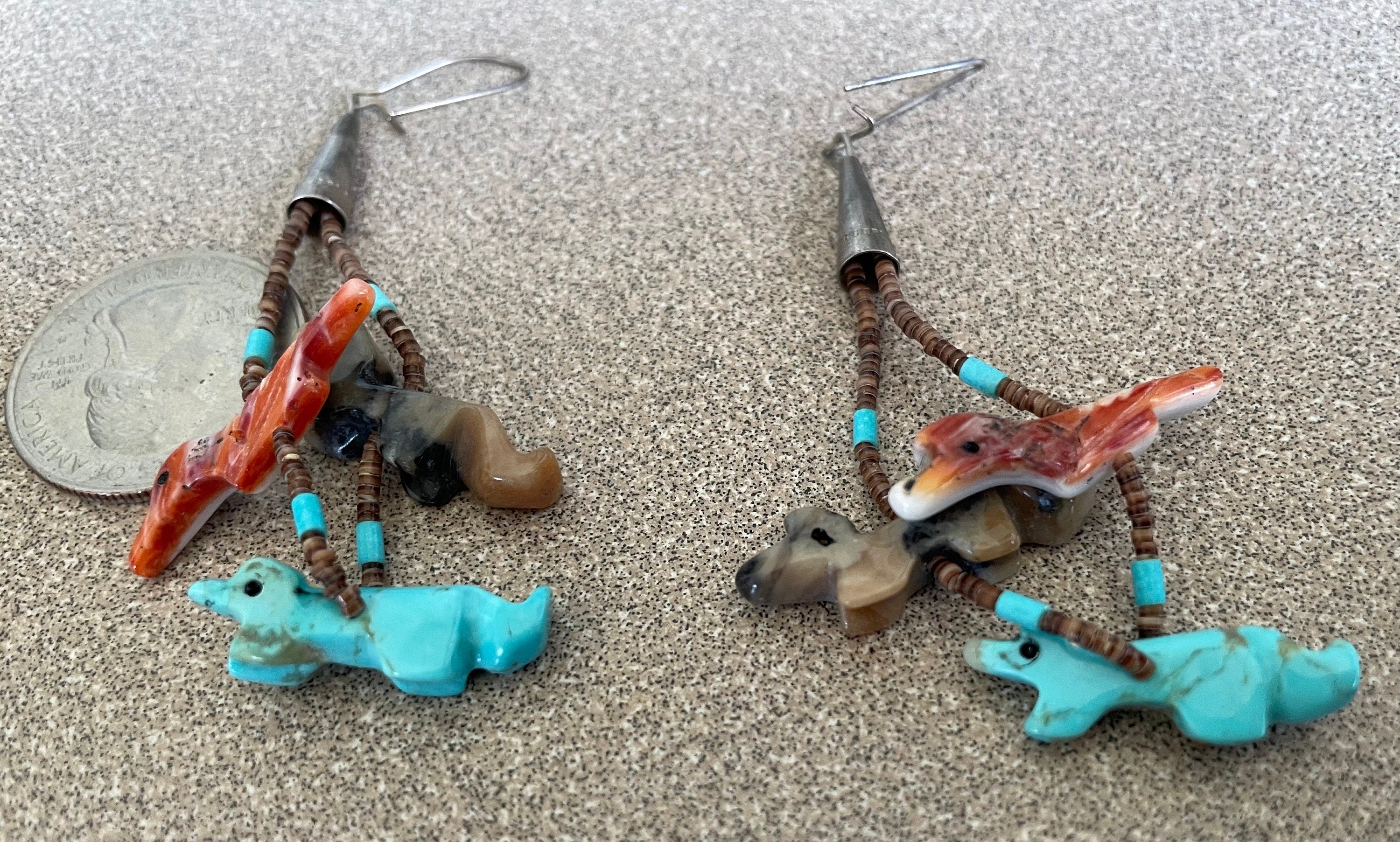 Vintage Sterling Silver Beaded Abalone Carved Birds Fetish Dangle Earrings