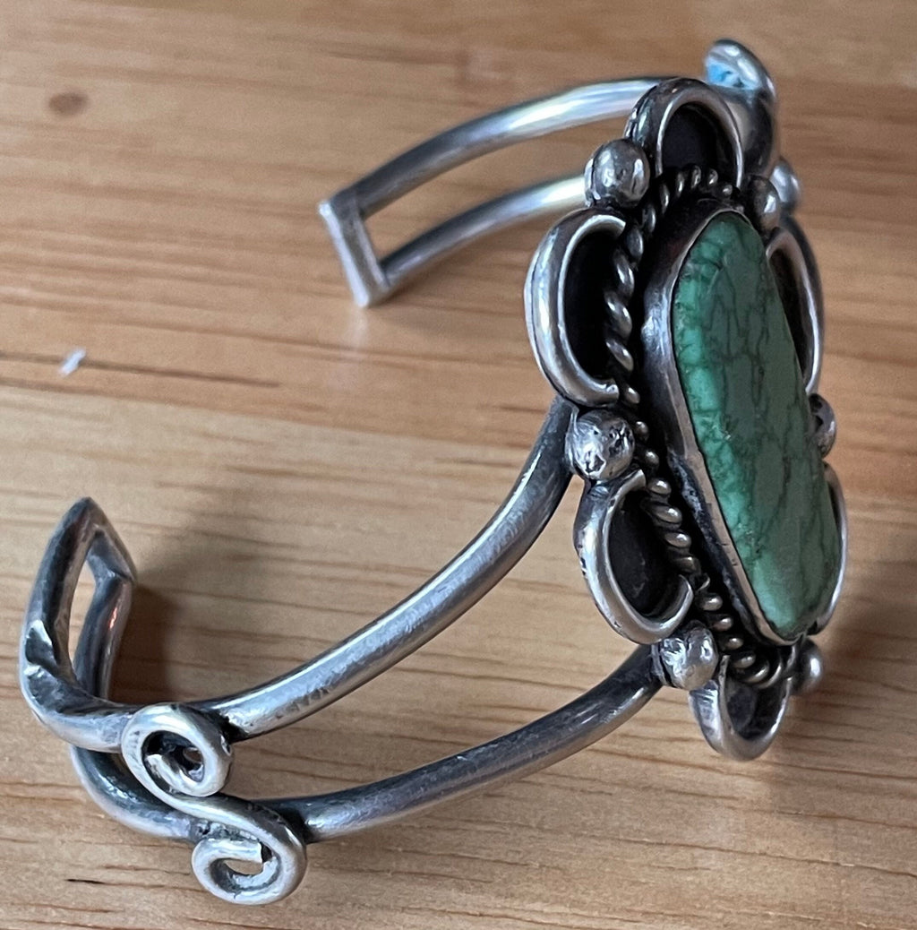 Stunning Vintage Sterling Silver and Green Turquoise Cuff Bracelet