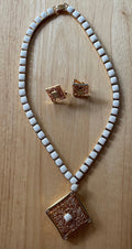 Stunning Signed HOBE Gold and Enamel Necklace and Clip Earrings Set