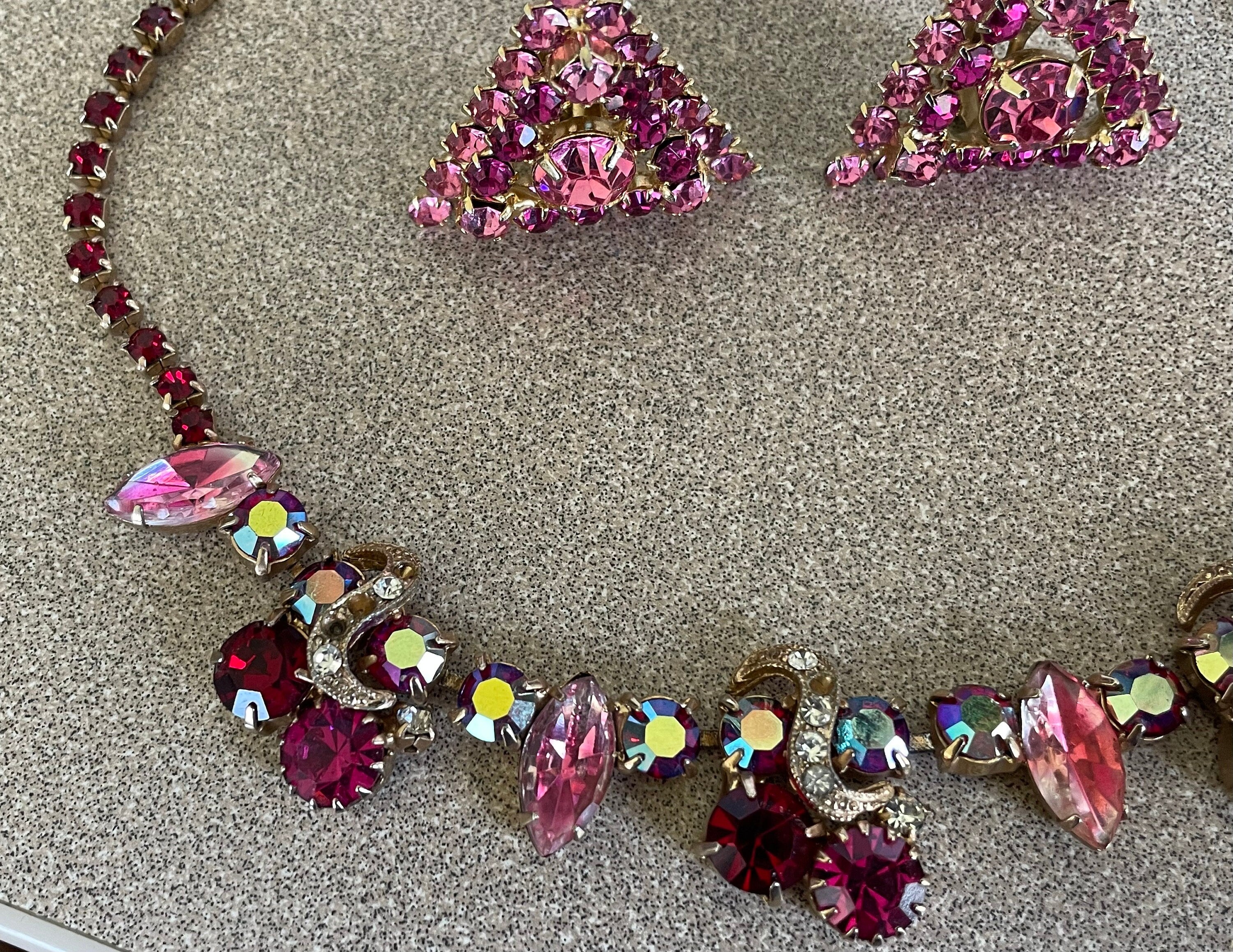 Unique Vintage Red and Pink Watermelon Rhinestone Necklace Bracelet and Clip Earrings Set Triangle Clip Earrings Chocker Necklace