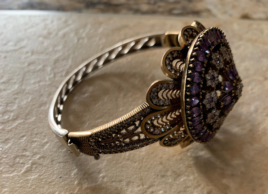Stunning Large Amethyst Sterling Silver Bronze Turkish Hinged Bracelet