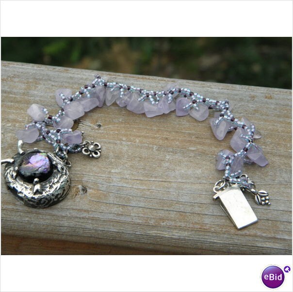 Sterling Silver with Dichroic Glass Cabochon Lavender Quartz Cute Bug Bracelet