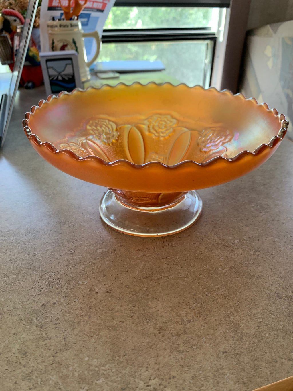 Vintage Gold Carnival Glass footed bowl with Poppies