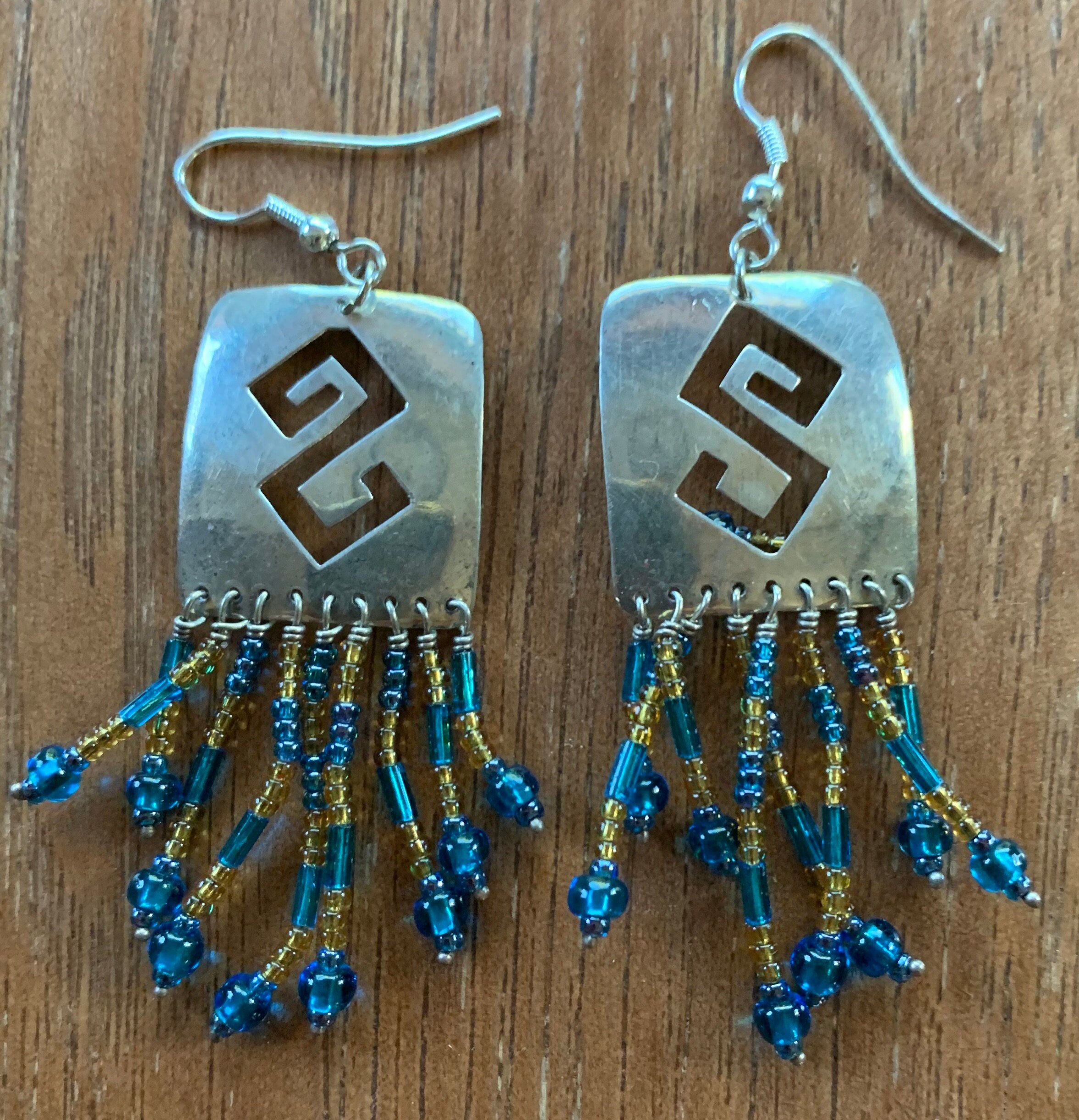 Unique Native American Sterling Silver Beaded Dangle Earrings Signed JC