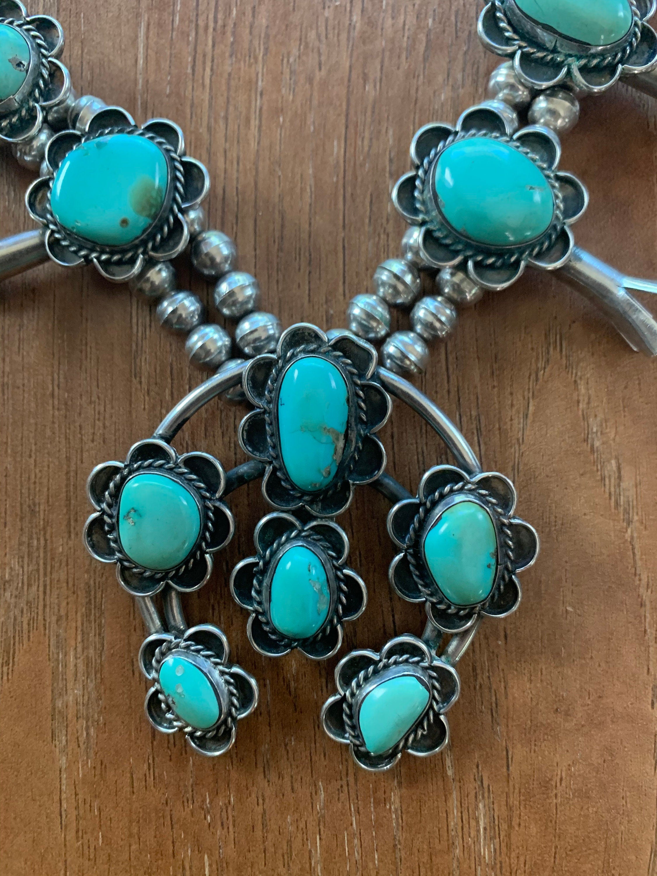 Heavy Sterling Silver Light Green Turquoise Artist Signed Squash Blossom Native American Necklace