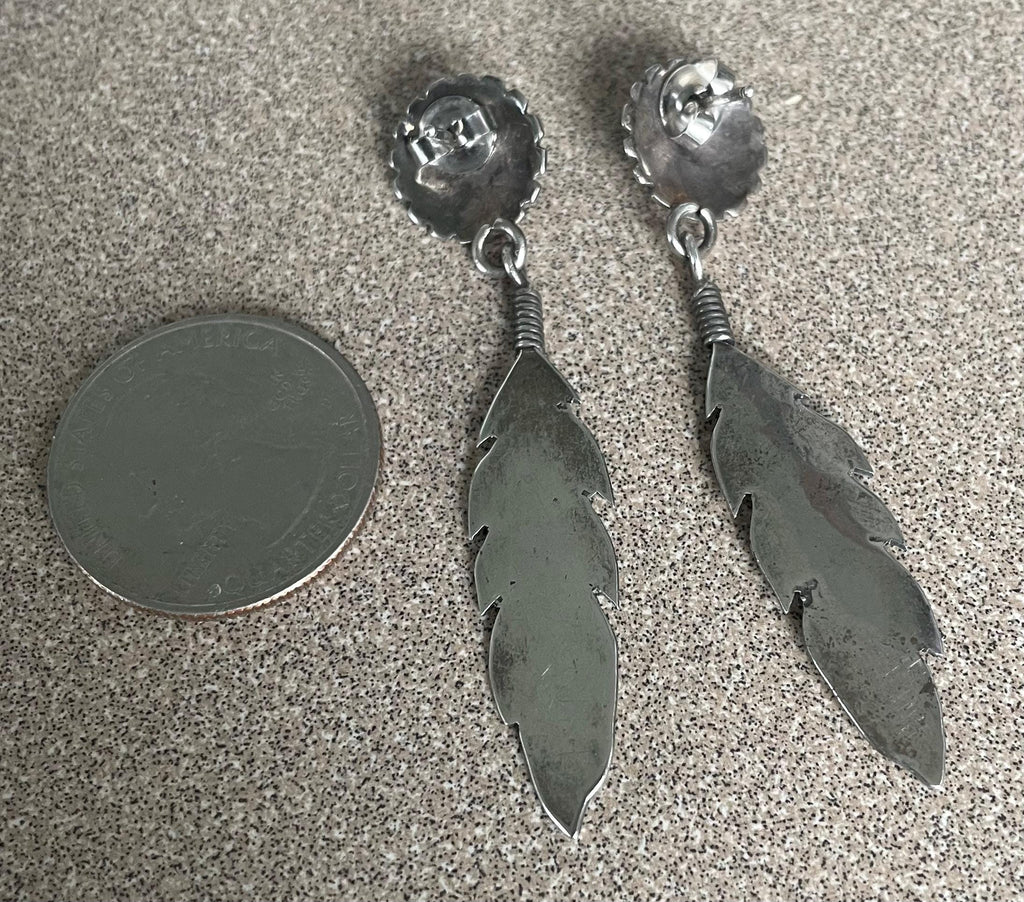 Beautiful Native American Sterling Silver Feather Dangle Post Earrings 2 1/4" long