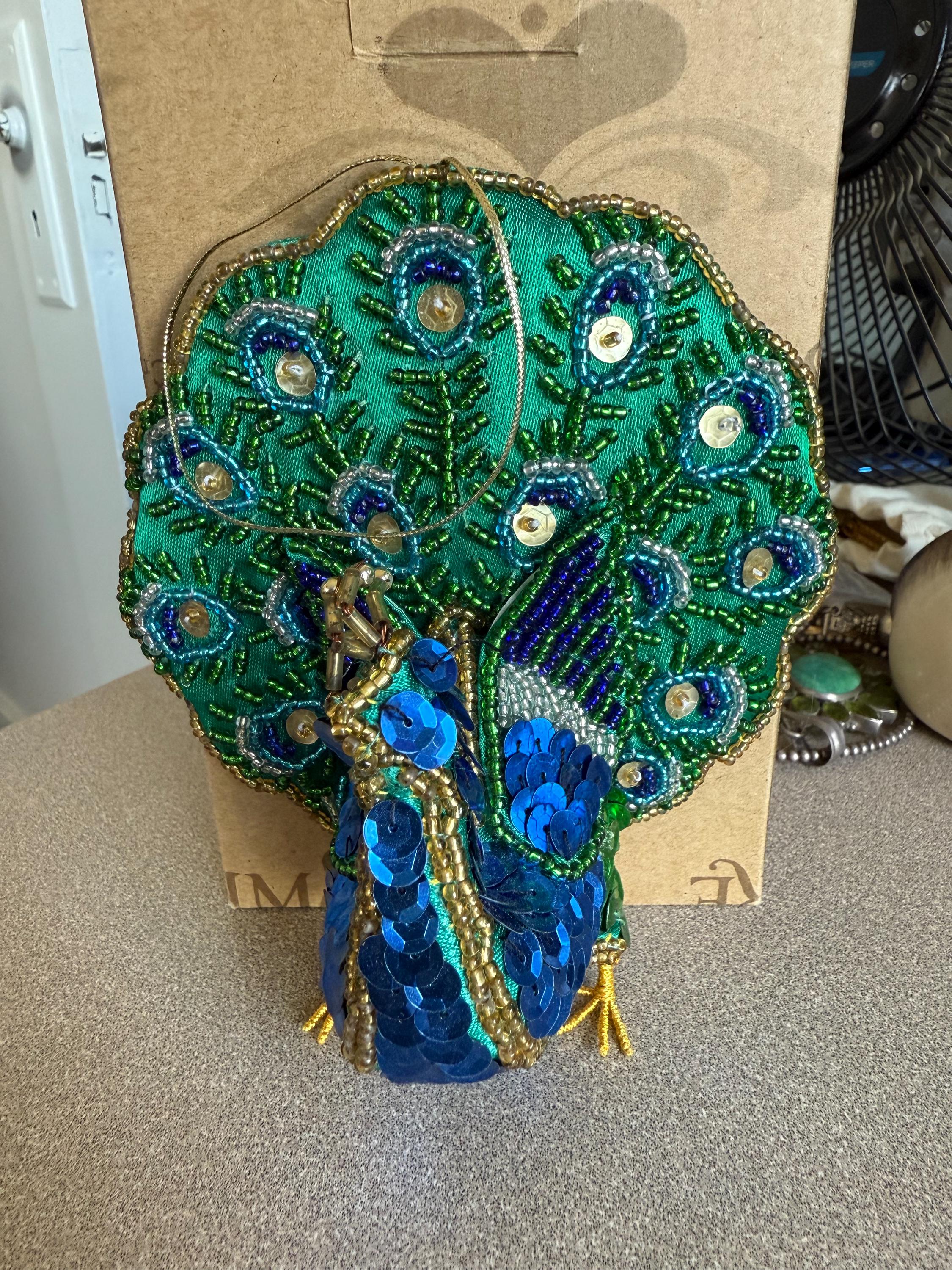 Beautiful Vintage Silk and Sequined Peacock Christmas Tree Ornament