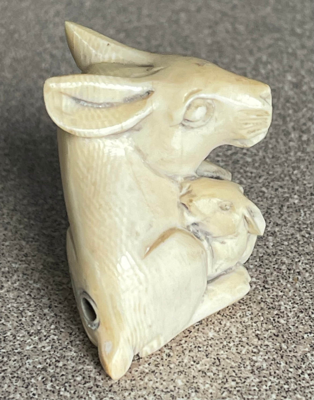Vintage Japanese Hand Carved Antler Mother Rabbit and Baby Netsuke Artist Signed