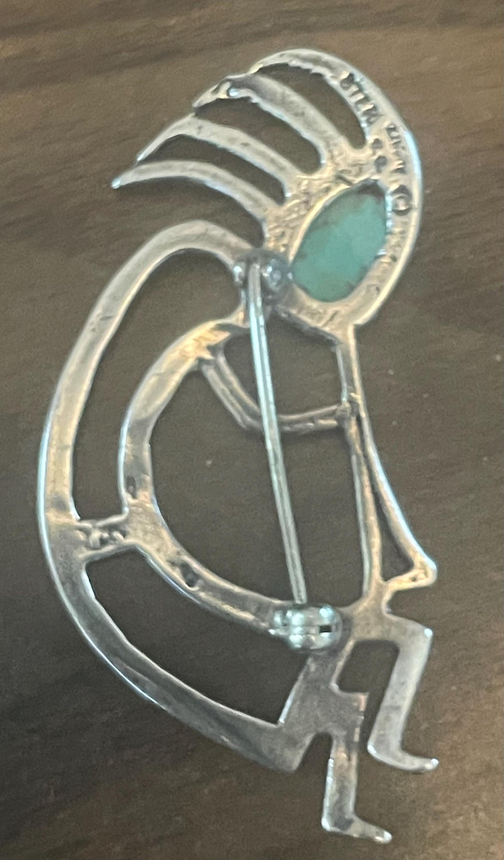 Artist Signed Vintage Native American Hopi Kokopelli Dancer Sterling Silver Turquoise Brooch Pin