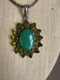 Beautiful Vintage Sterling Silver Green Turquoise and Peridot Flower Pendant Necklace