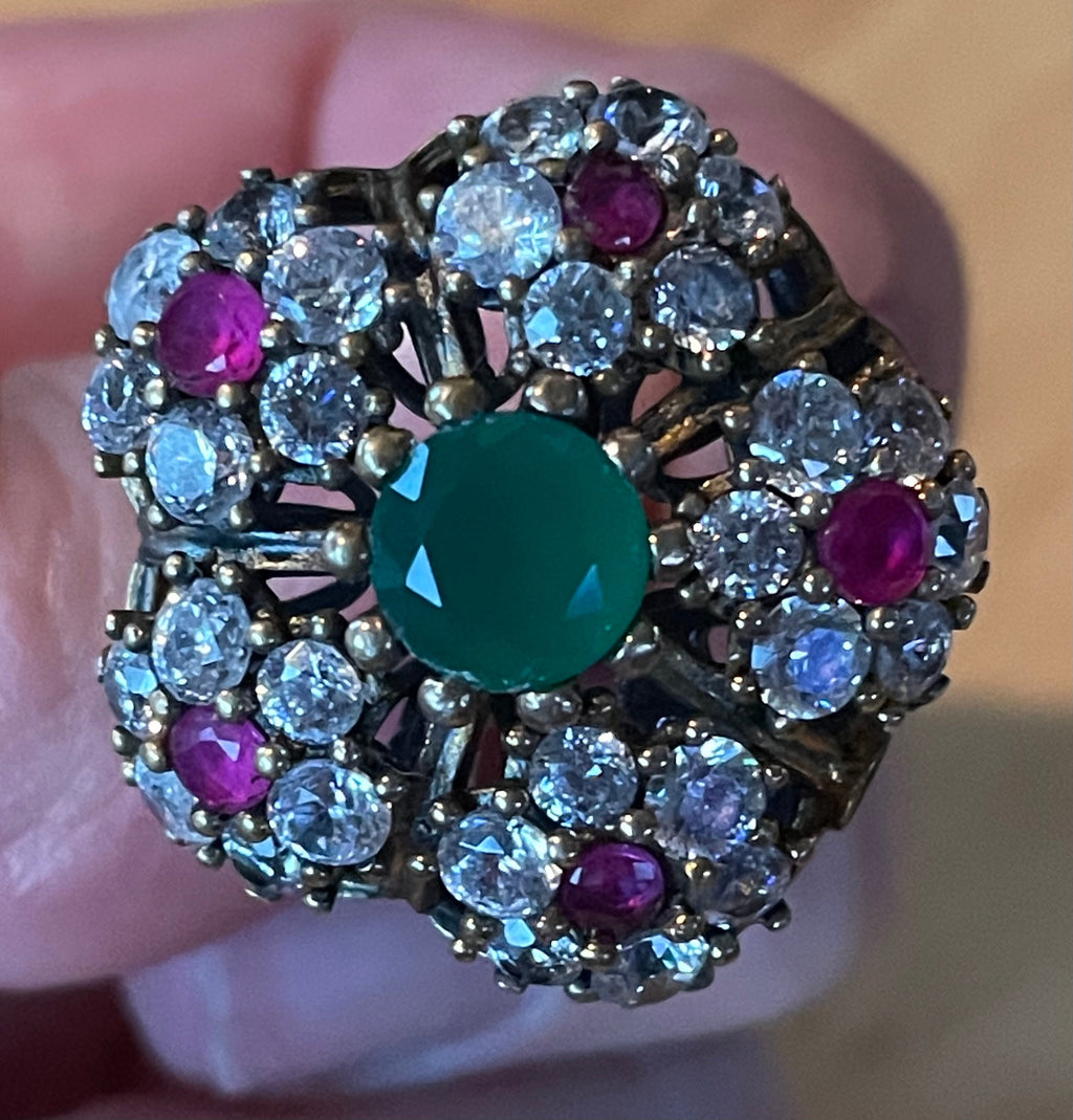 Large Stunning Turkish Sterling Silver Emerald Ruby and Clear Topaz Stone Ring Size 8 1/2