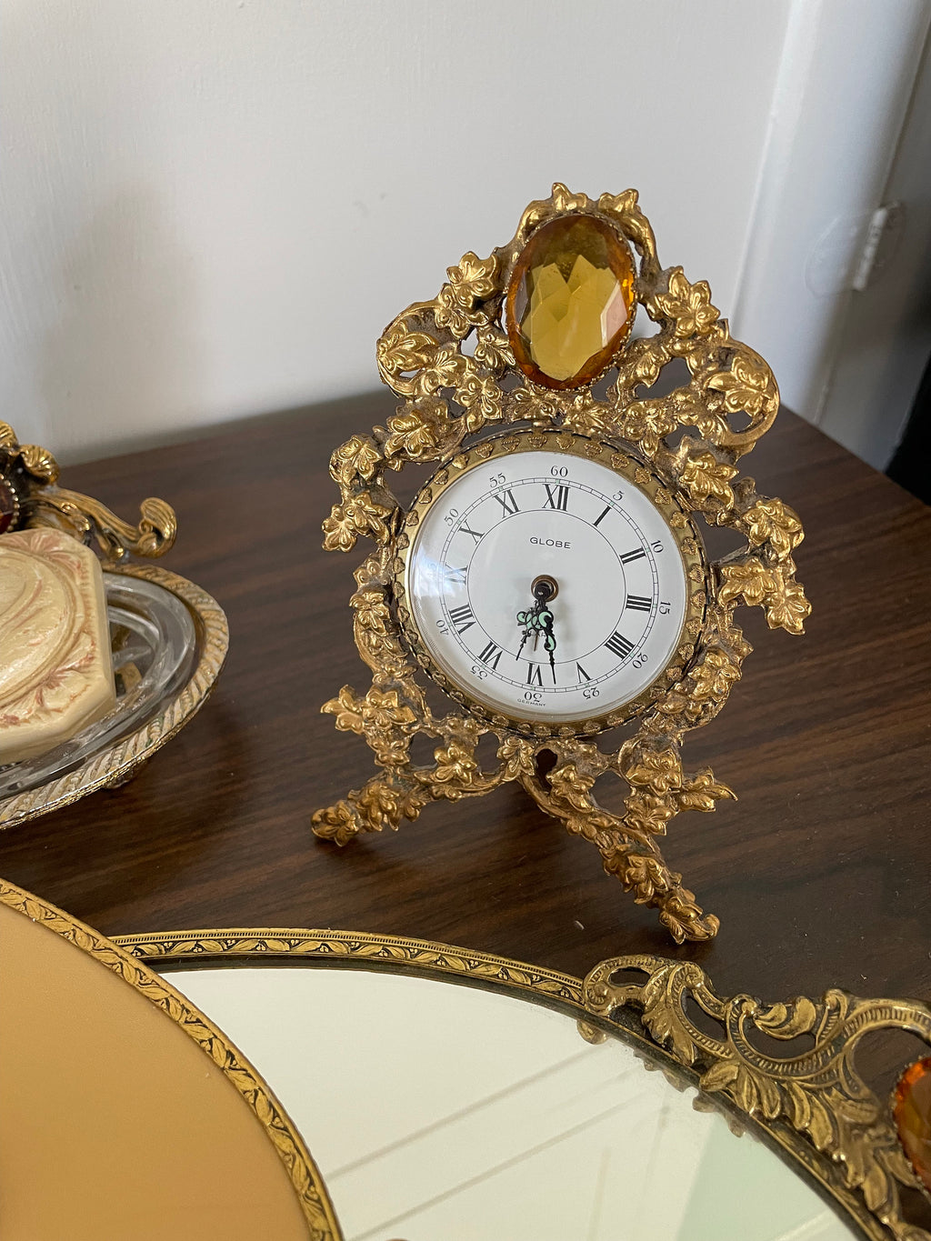 Beautiful Antique Victorian Ormolu Vanity Set Tray Comb Brush Jewelry Box Clock Soap Dish Glass and Holder Amber Rhinestones 8 Pieces