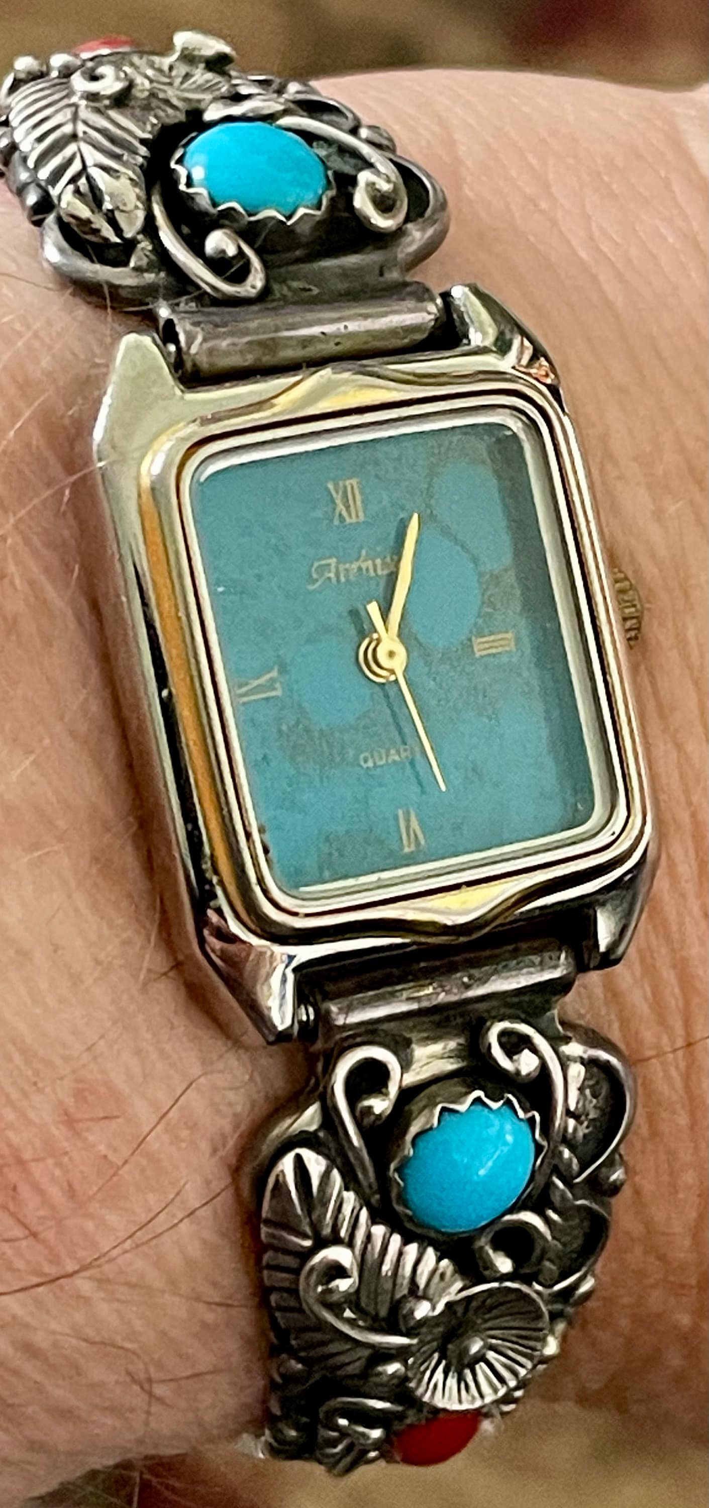 Vintage Artist Signed Native American Sterling Silver Watch Band And Watch Turquoise and Coral Stones
