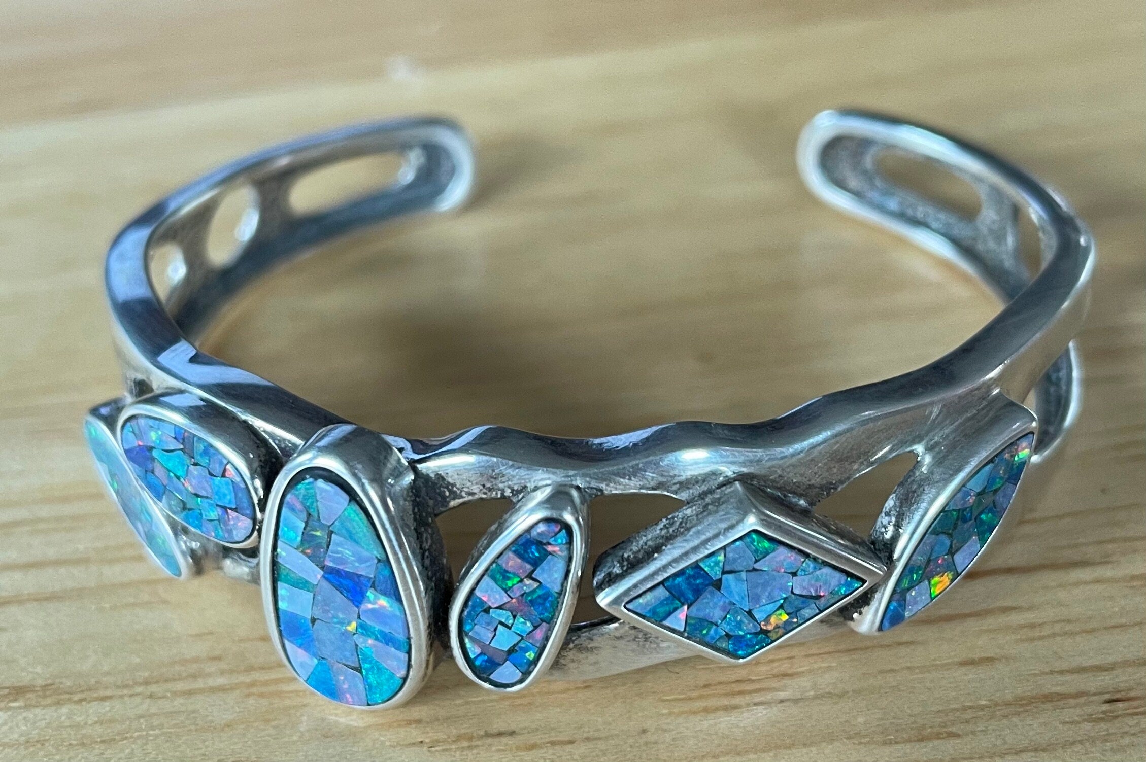 Stunning Vintage Sterling Silver and Blue Opal Cuff Bracelet