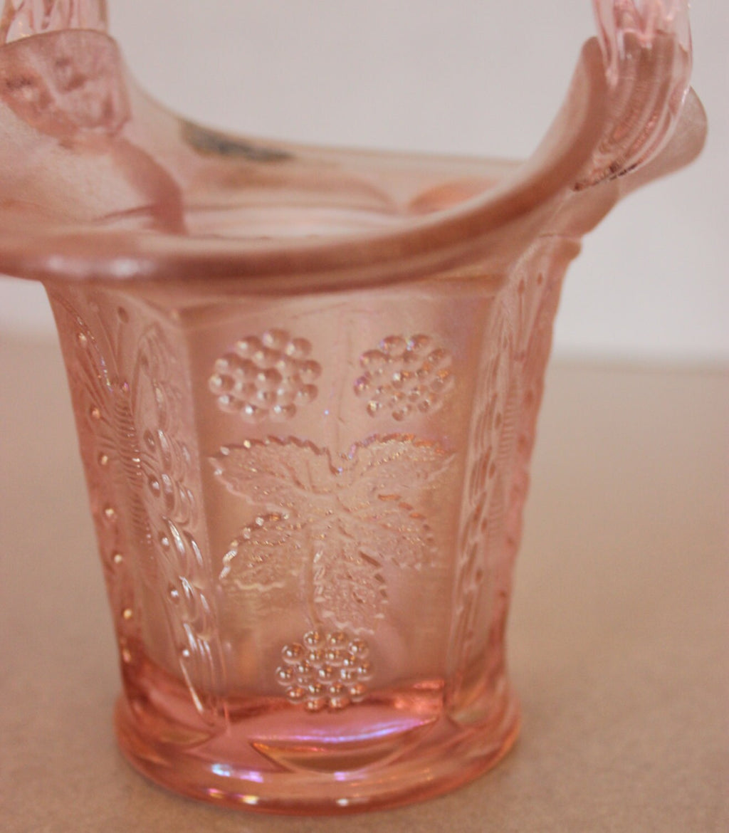 Beautiful Pink Fenton Carnival Glass Berries and Butterflies 7" Basket