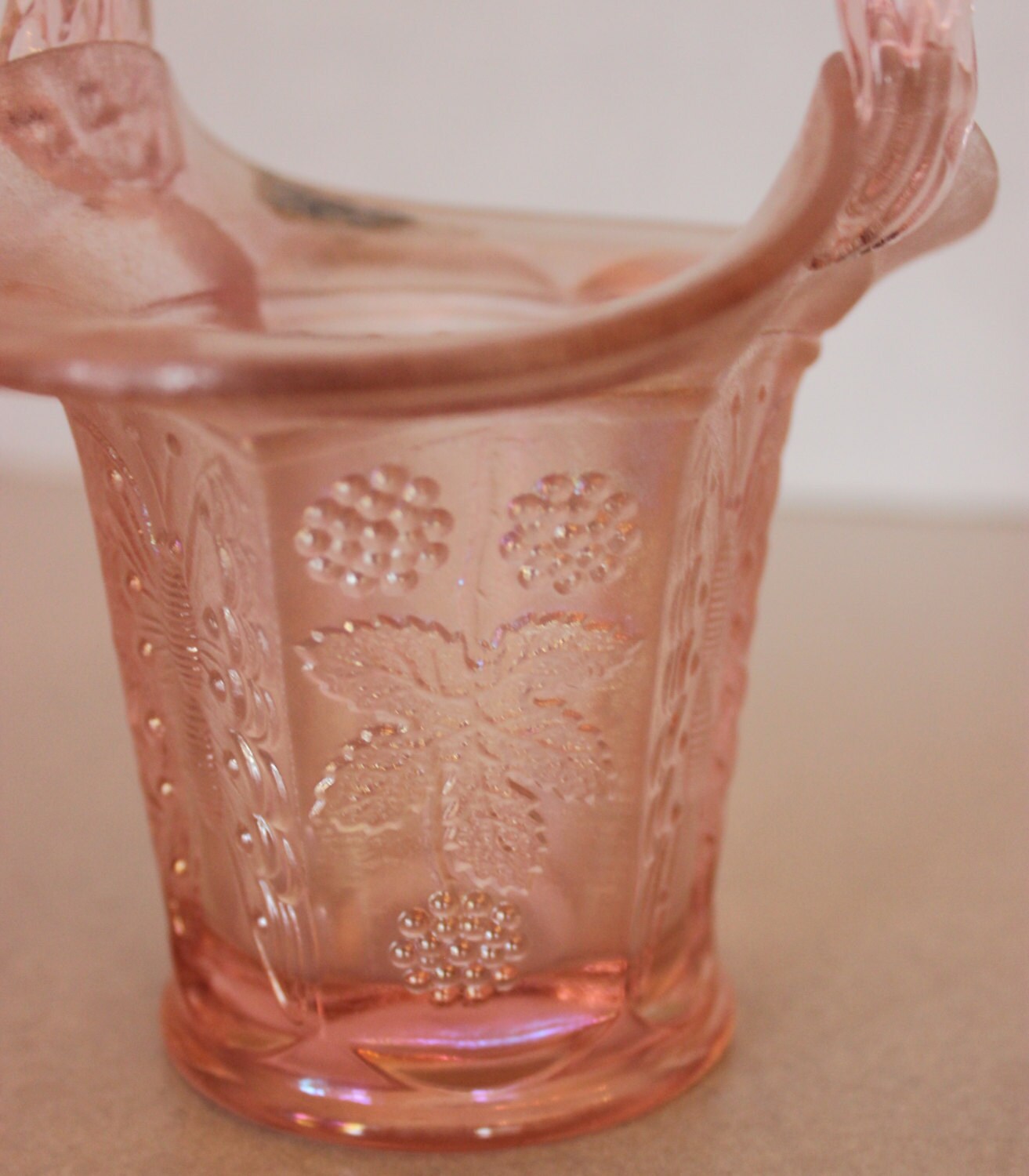 Beautiful Pink Fenton Carnival Glass Berries and Butterflies 7" Basket