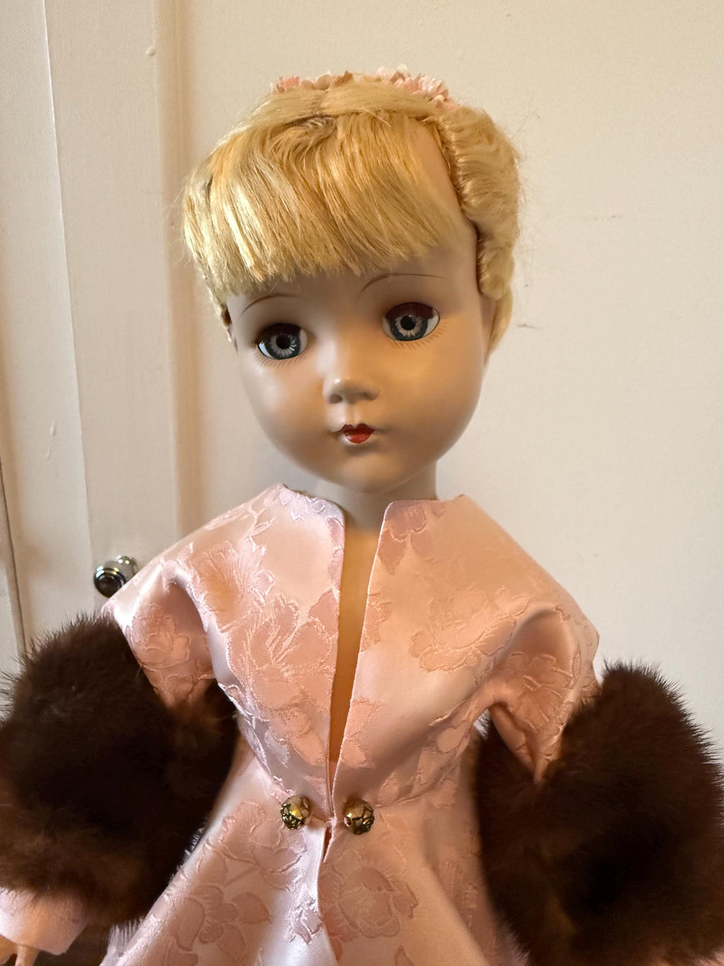 Stunning Vintage Erranbee 20" Nanette Doll with Pink Dress and Trimmed in Genuine Mink