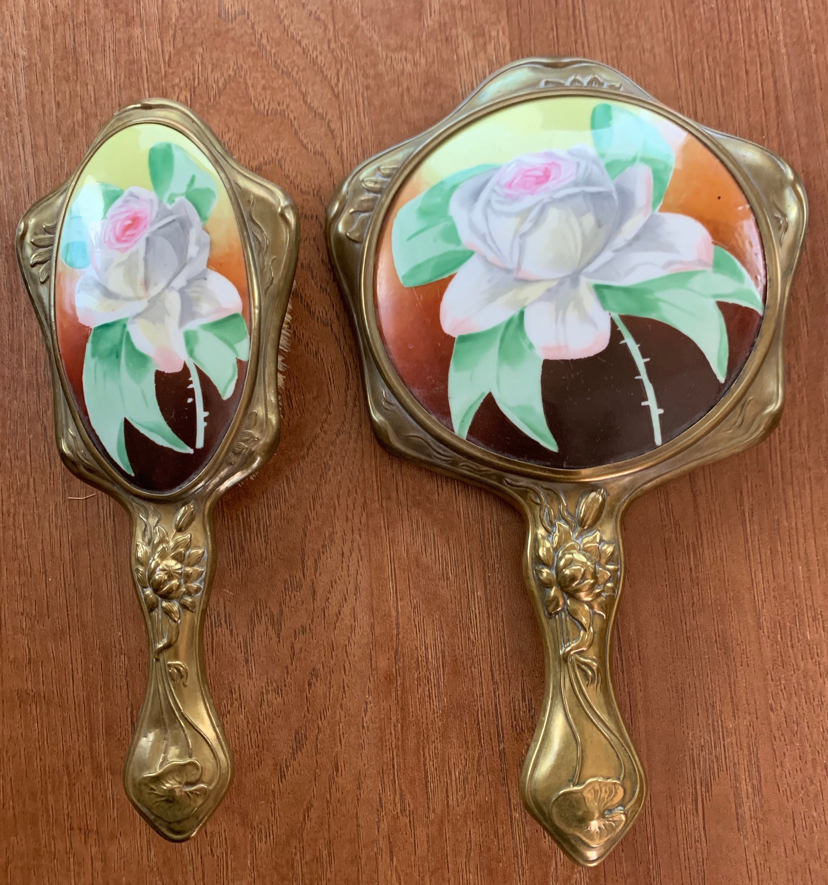 Beautiful Antique Victorian Hair Brush and Mirror with Hand Painted Roses