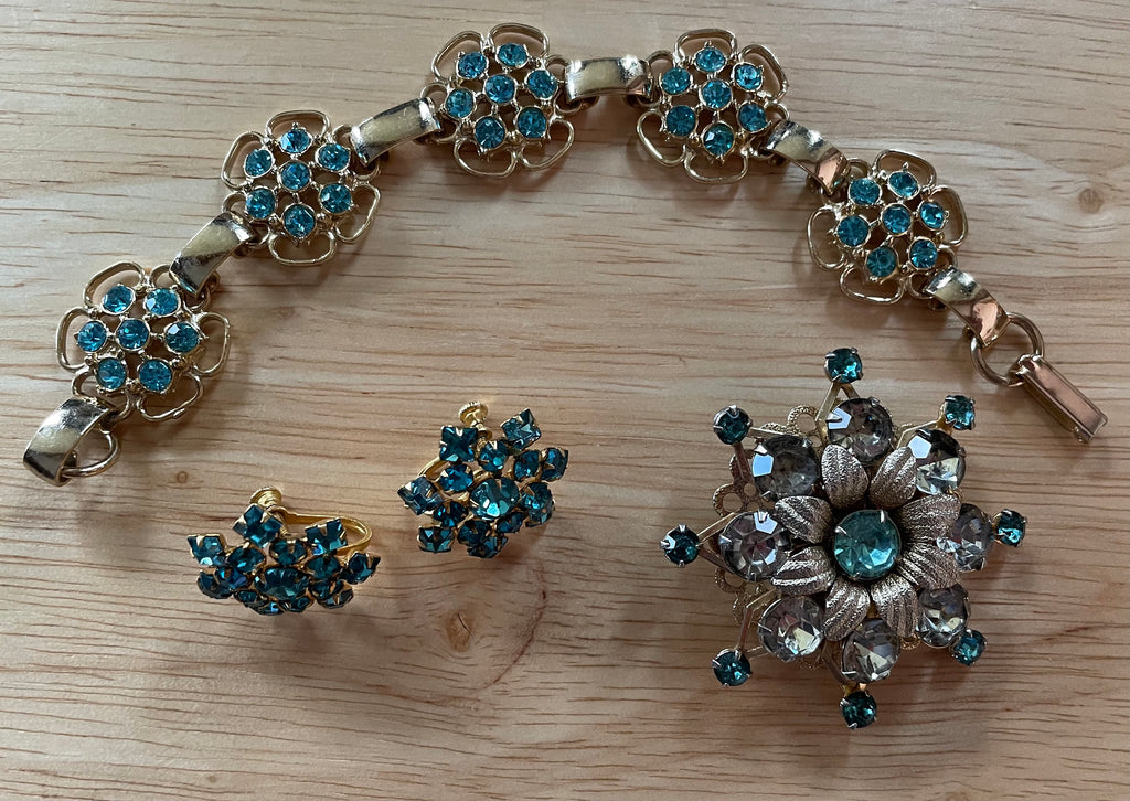 Beautiful Blue Rhinestone Bracelet Brooch Pin and Screw Back Earrings