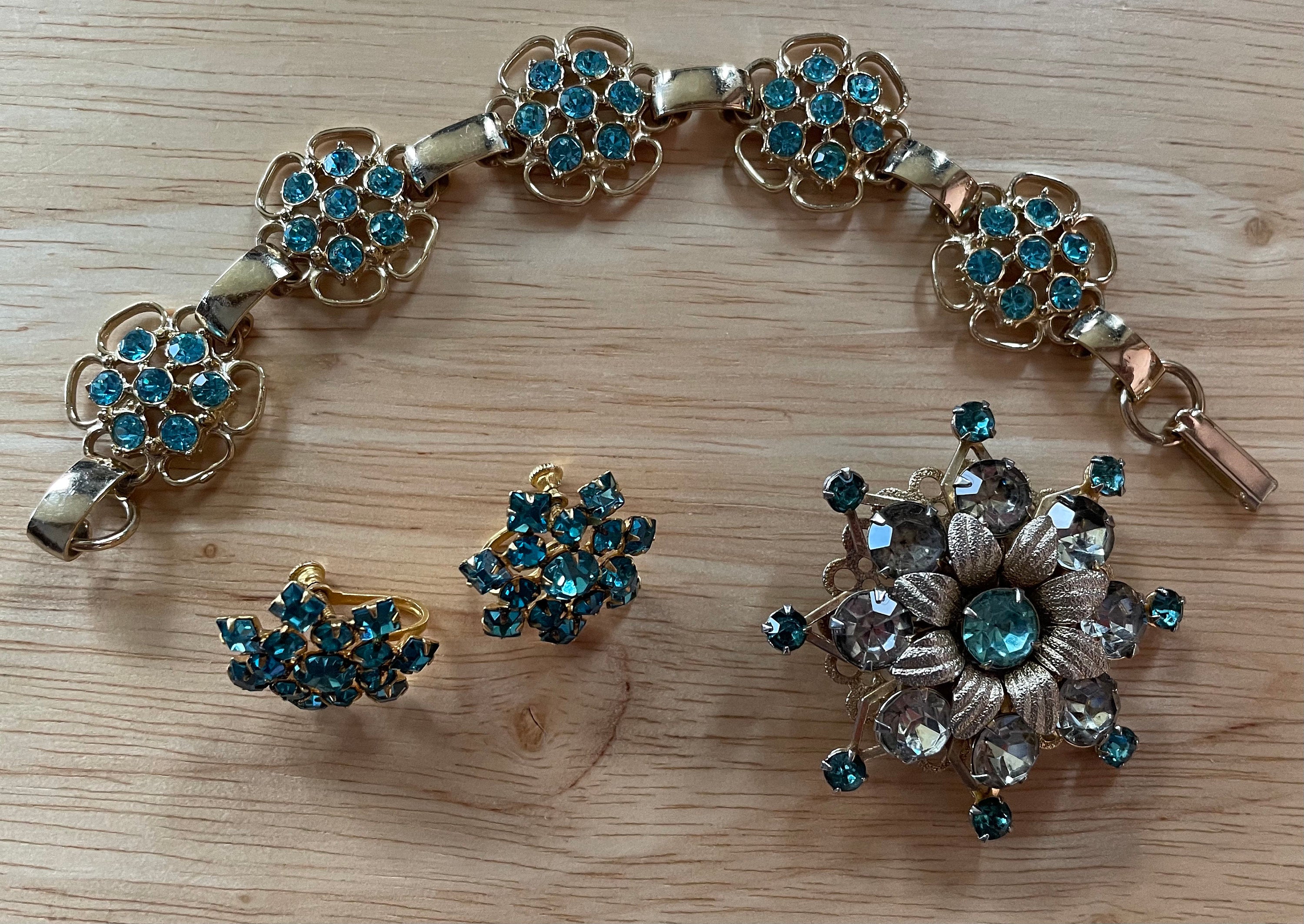 Beautiful Blue Rhinestone Bracelet Brooch Pin and Screw Back Earrings
