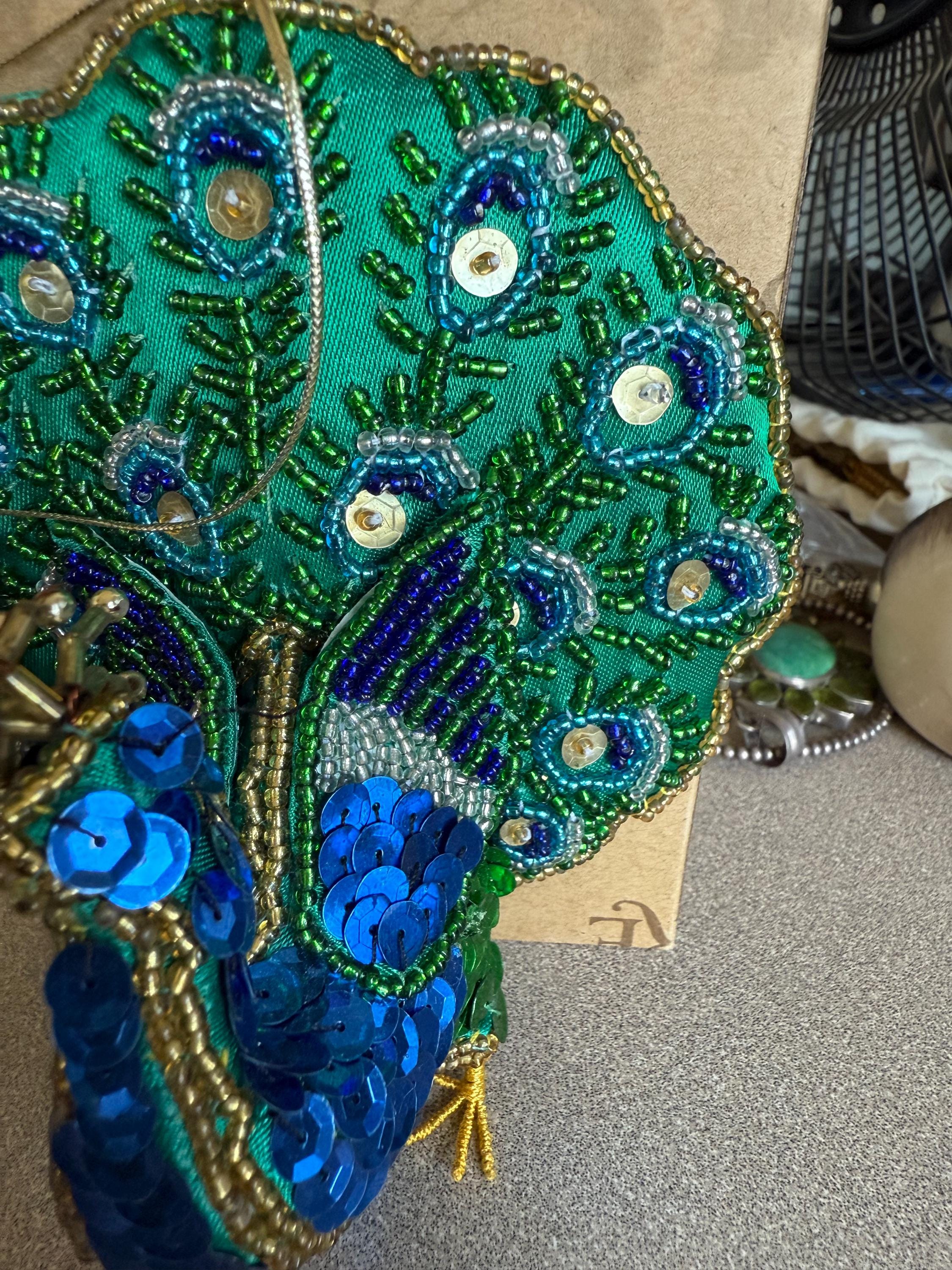 Beautiful Vintage Silk and Sequined Peacock Christmas Tree Ornament