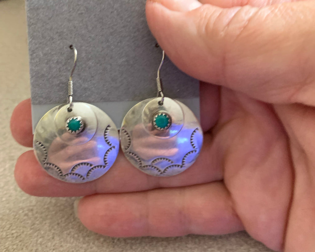 Beautiful Artist Signed Native American Sterling Silver Turquoise Earrings Signed JC