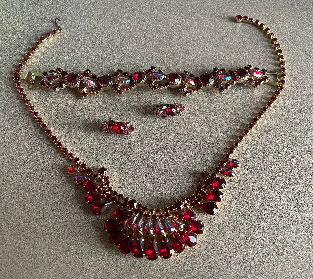 Stunning Vintage Red and Pink Watermelon Rhinestone Necklace Bracelet and Clip Earrings Set