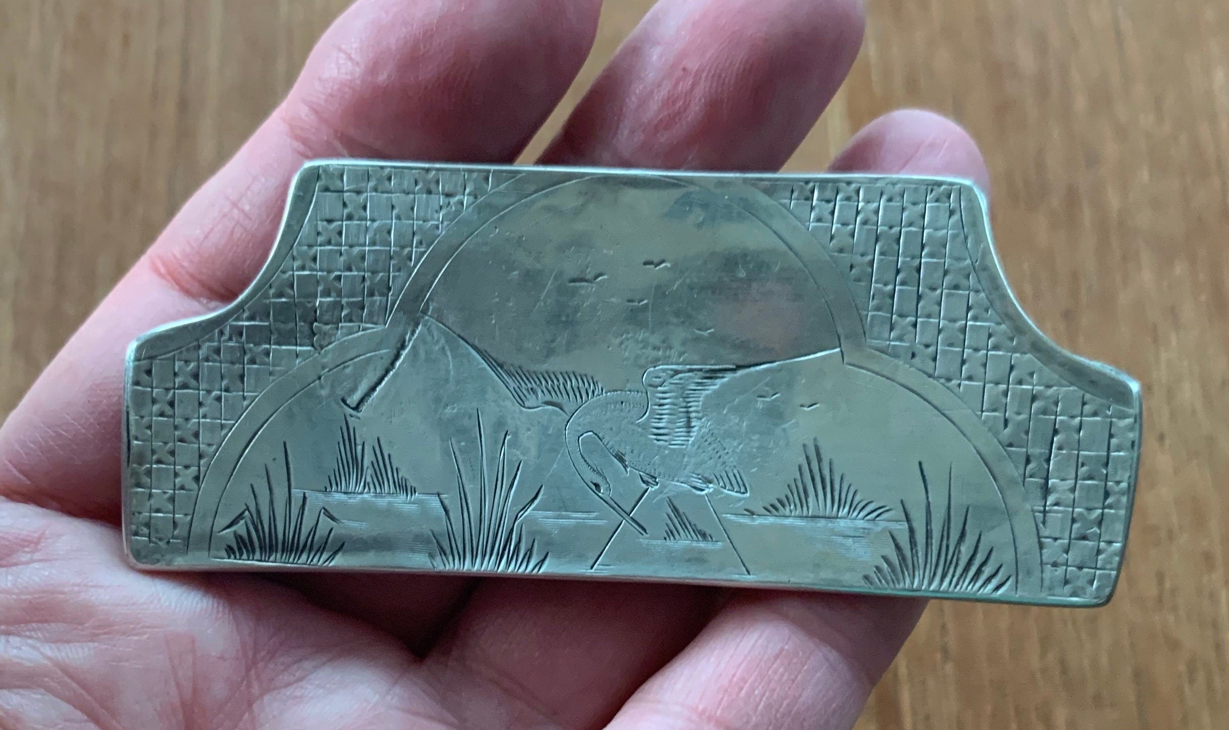 Artist Handmade Sterling Silver Chinese Carved Brooch Pin with Crane Scene