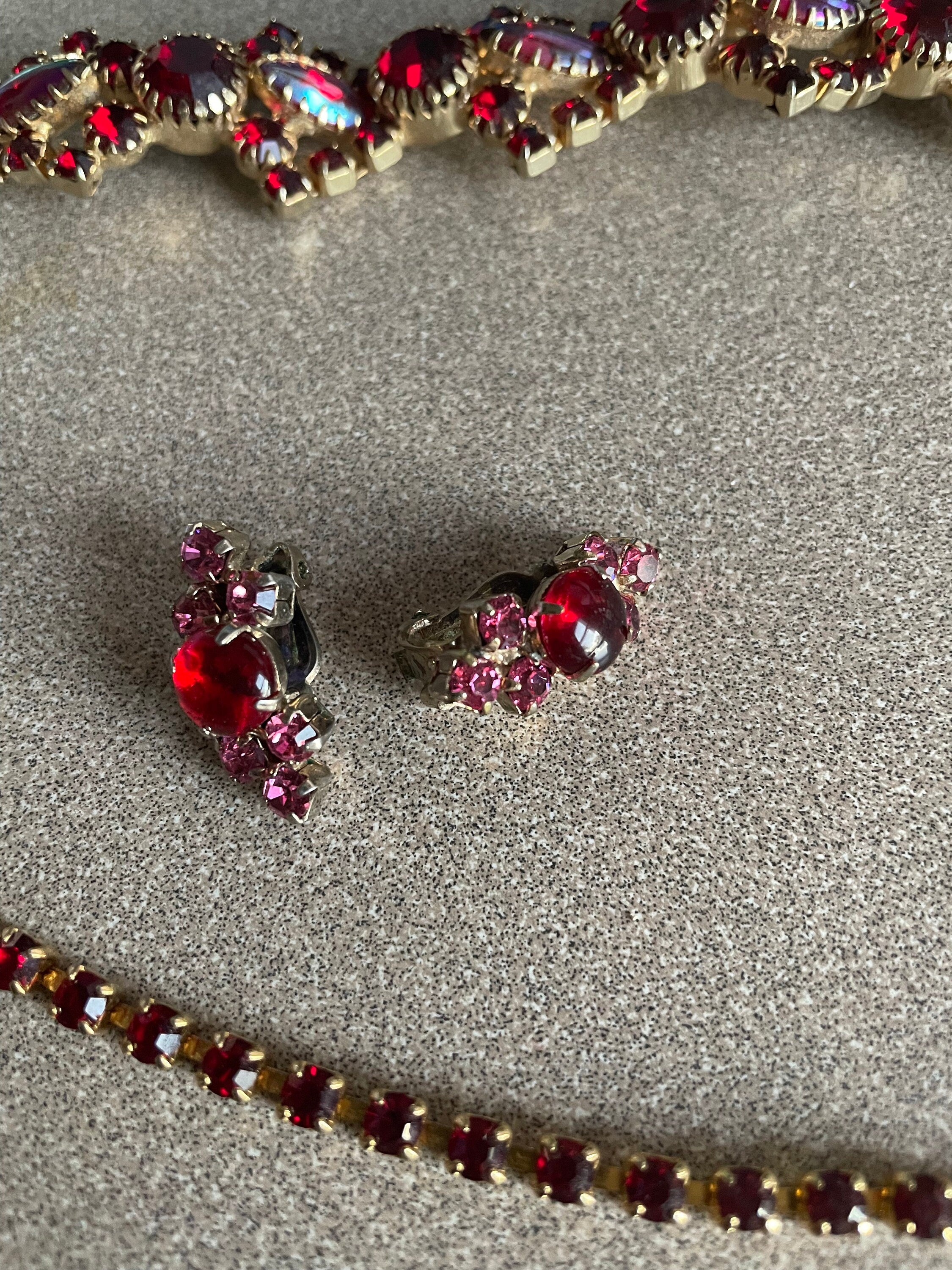 Stunning Vintage Red and Pink Watermelon Rhinestone Necklace Bracelet and Clip Earrings Set