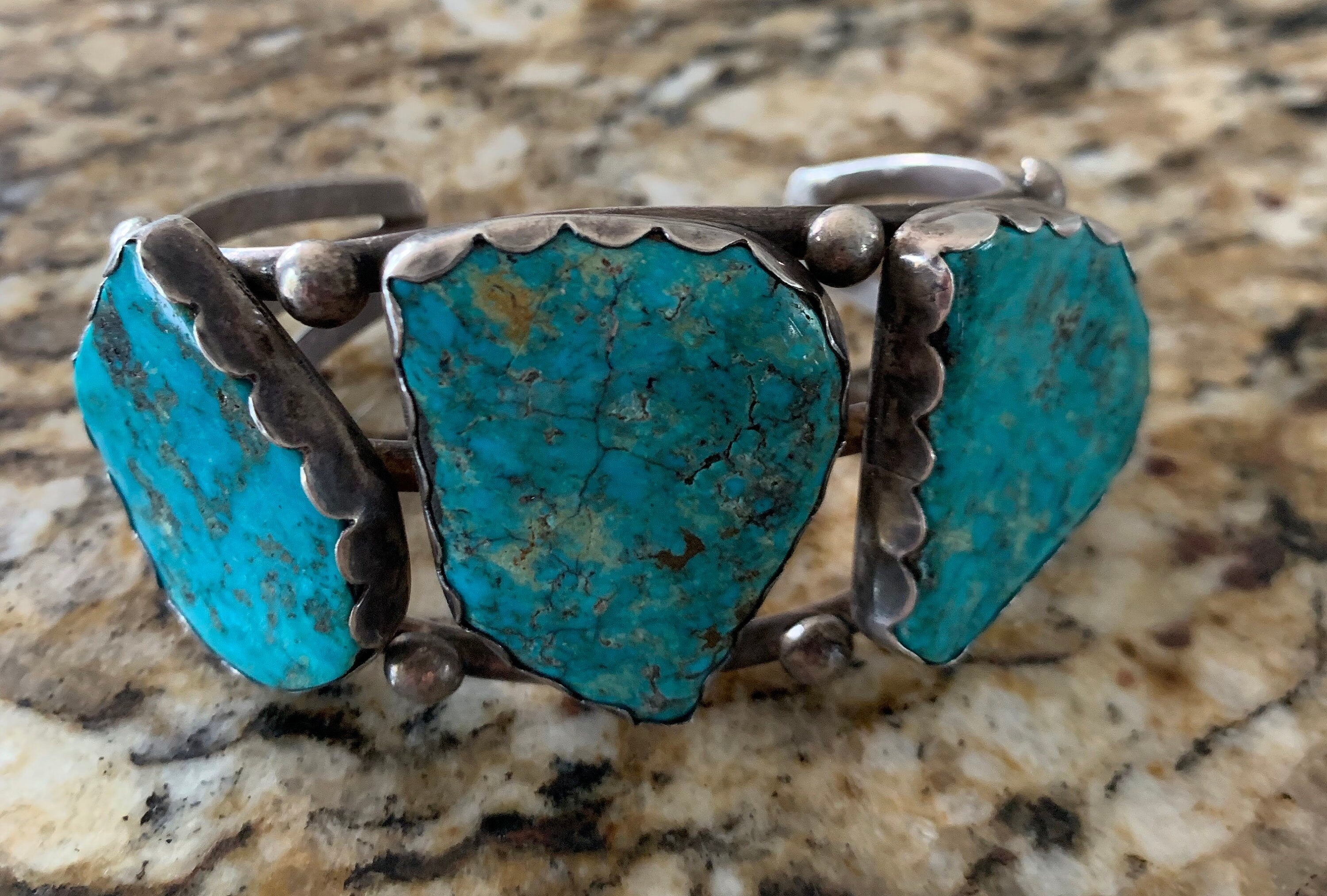 Huge Heavy Sterling Silver Old Pawn Turquoise Navajo Cuff Bracelet Squash Blossom Native American