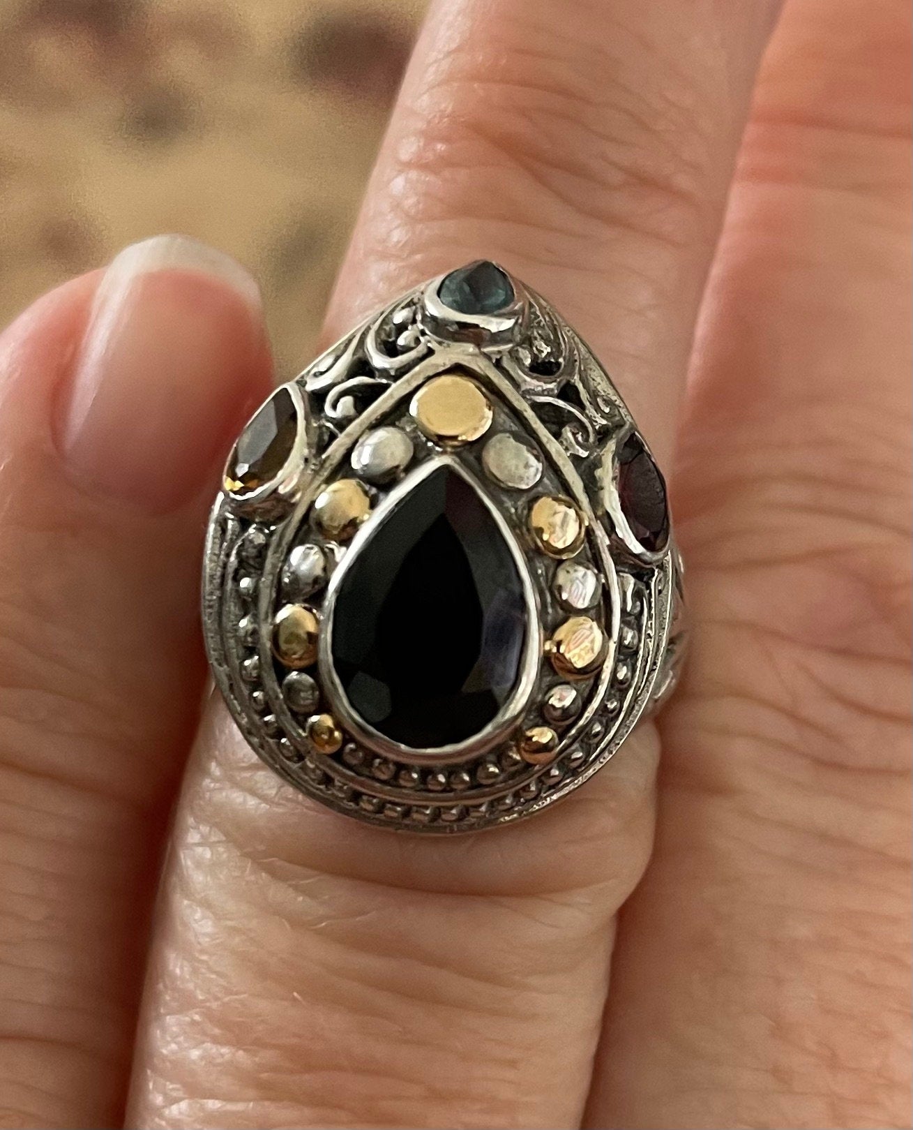 Stunning Vintage Bali Estate Multi Stone Stamped "M" For Robert Manse Sterling Silver 18k Gold Ring Size 6 Onyx Aquamarine Citrine Garnet