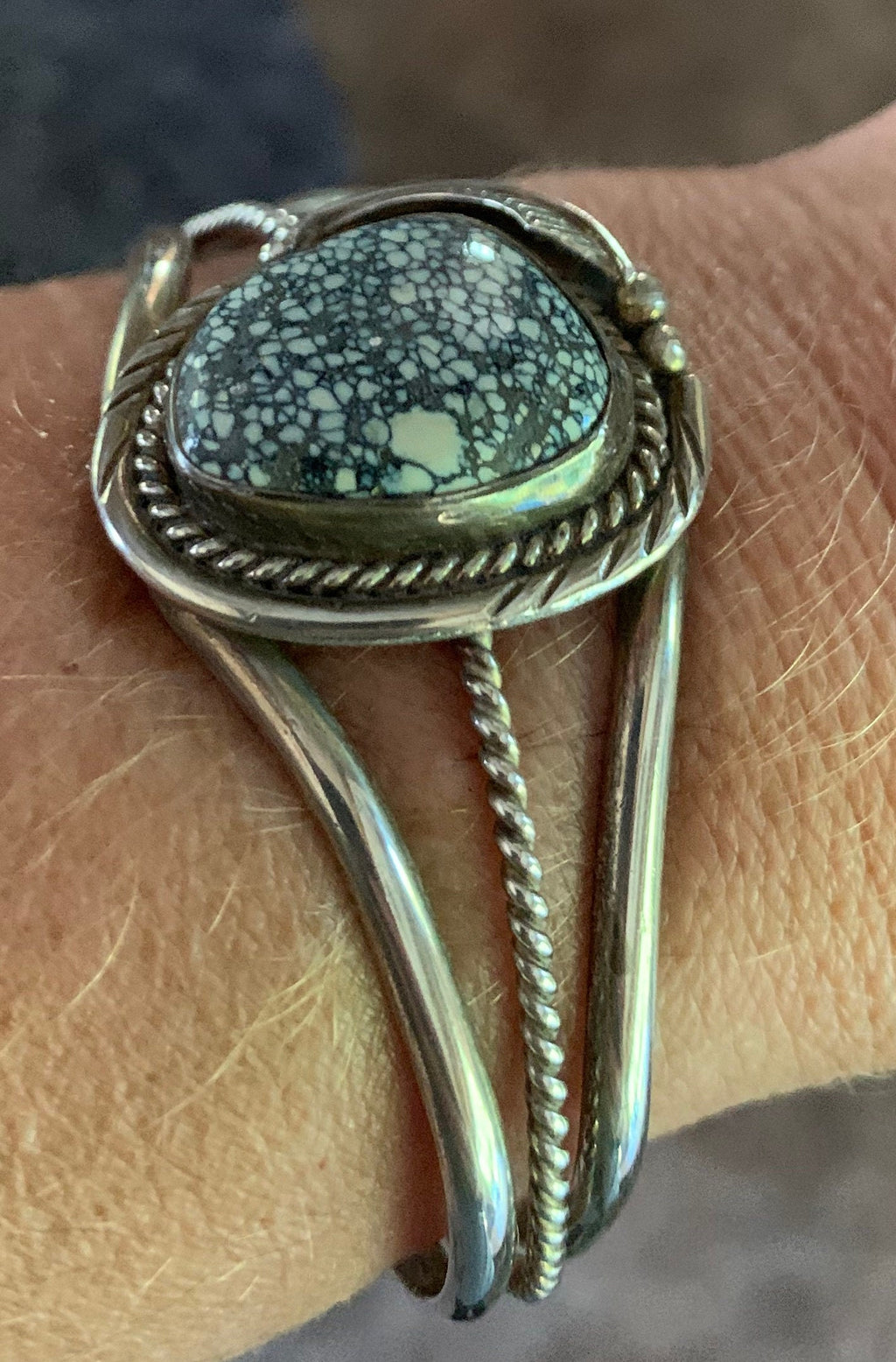 Stunning Vintage Native American Spiderweb Turquoise and Sterling Silver Cuff Bracelet Signed