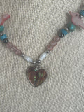 Vintage Sterling Silver Beaded Abalone Carved Birds Fetish Necklace With Heart Pendant