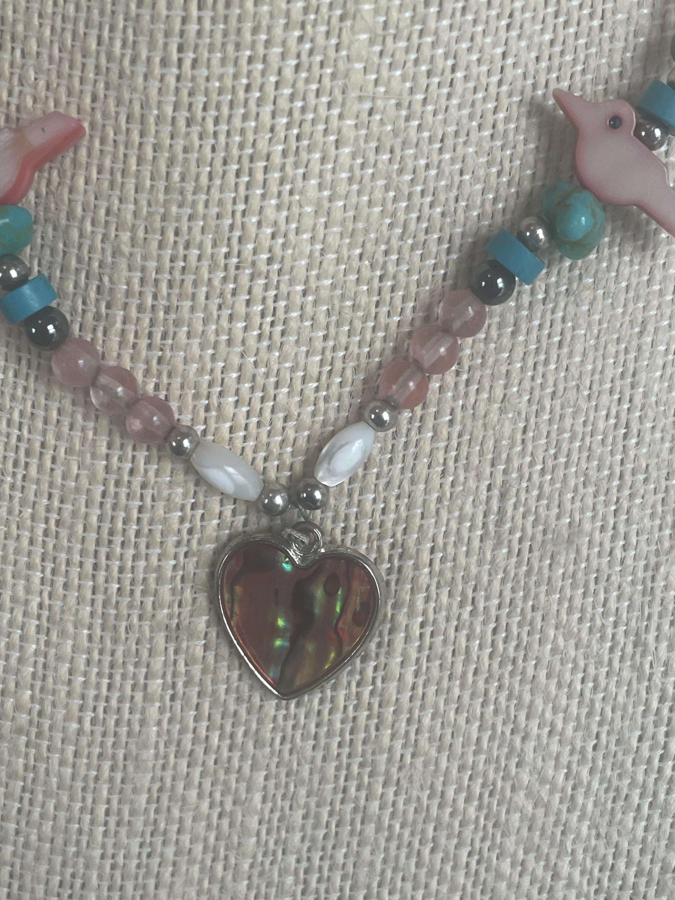 Vintage Sterling Silver Beaded Abalone Carved Birds Fetish Necklace With Heart Pendant