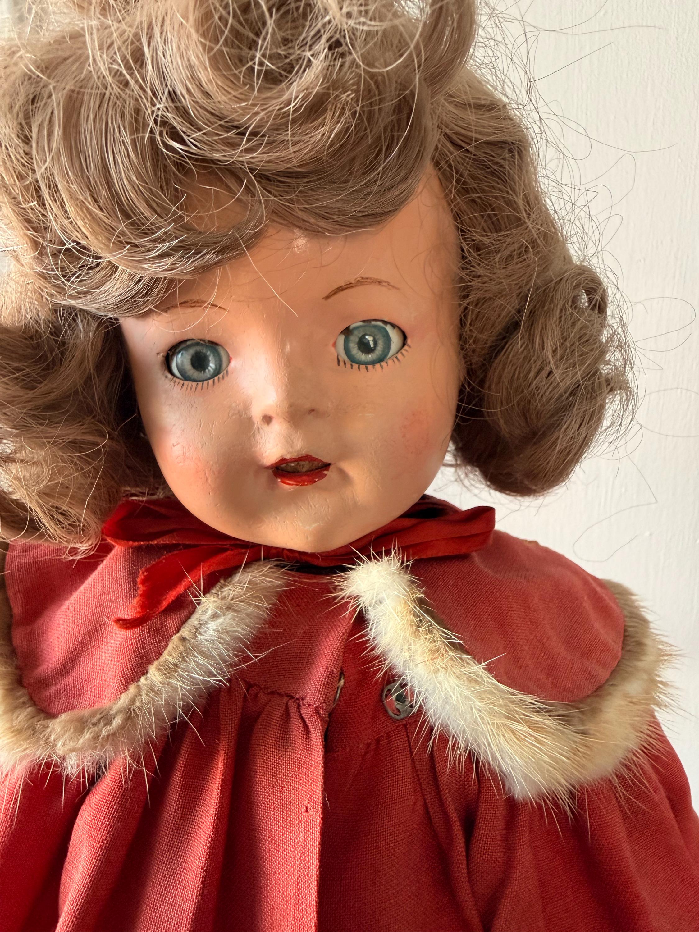 Rare Large 1930's Madame Alexander Princess Elizabeth Composition Doll with Original Red Fur Trimmed Coat