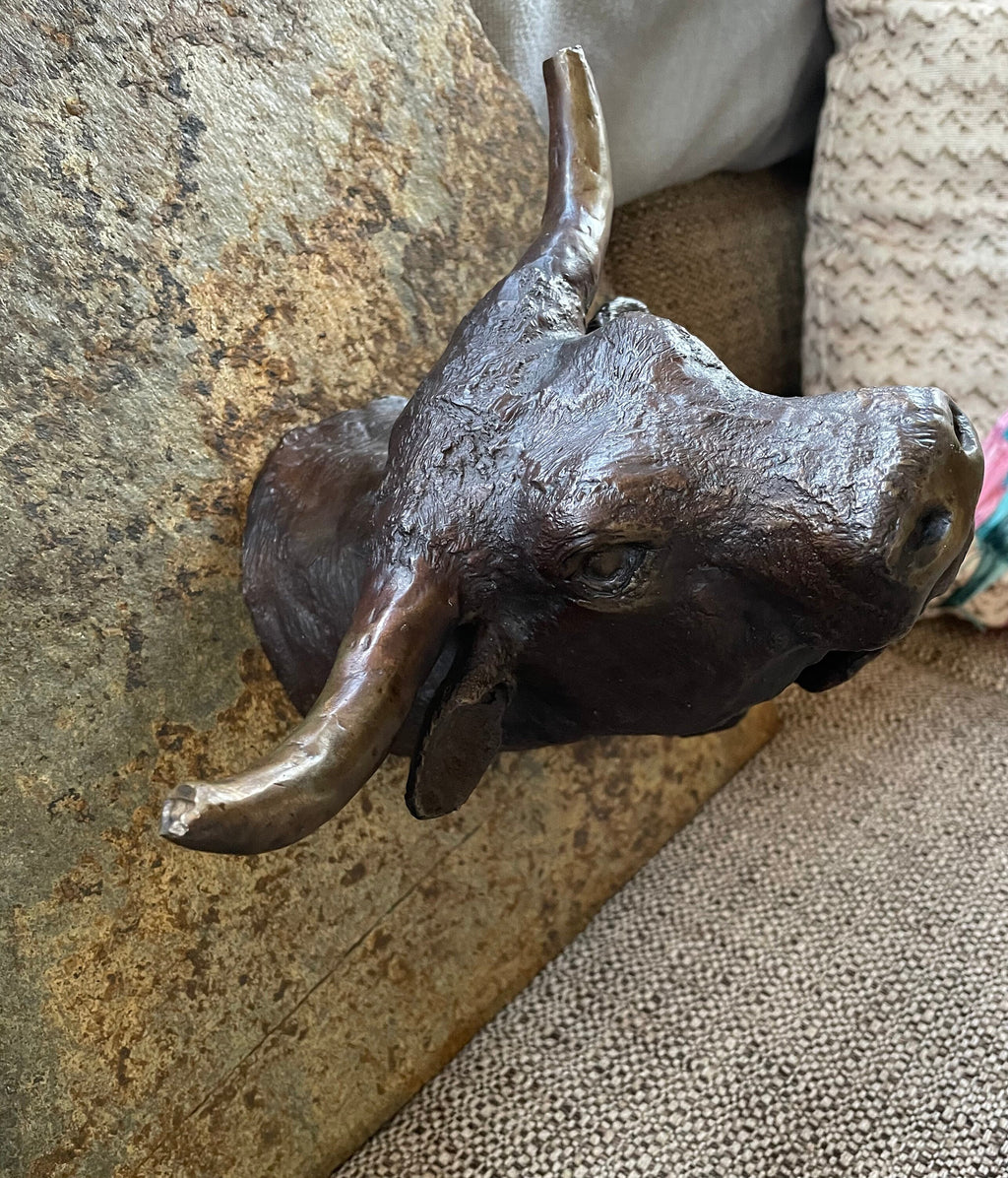 Vintage Artist Designed Solid Bronze Bull Head Attached to Slate Tile