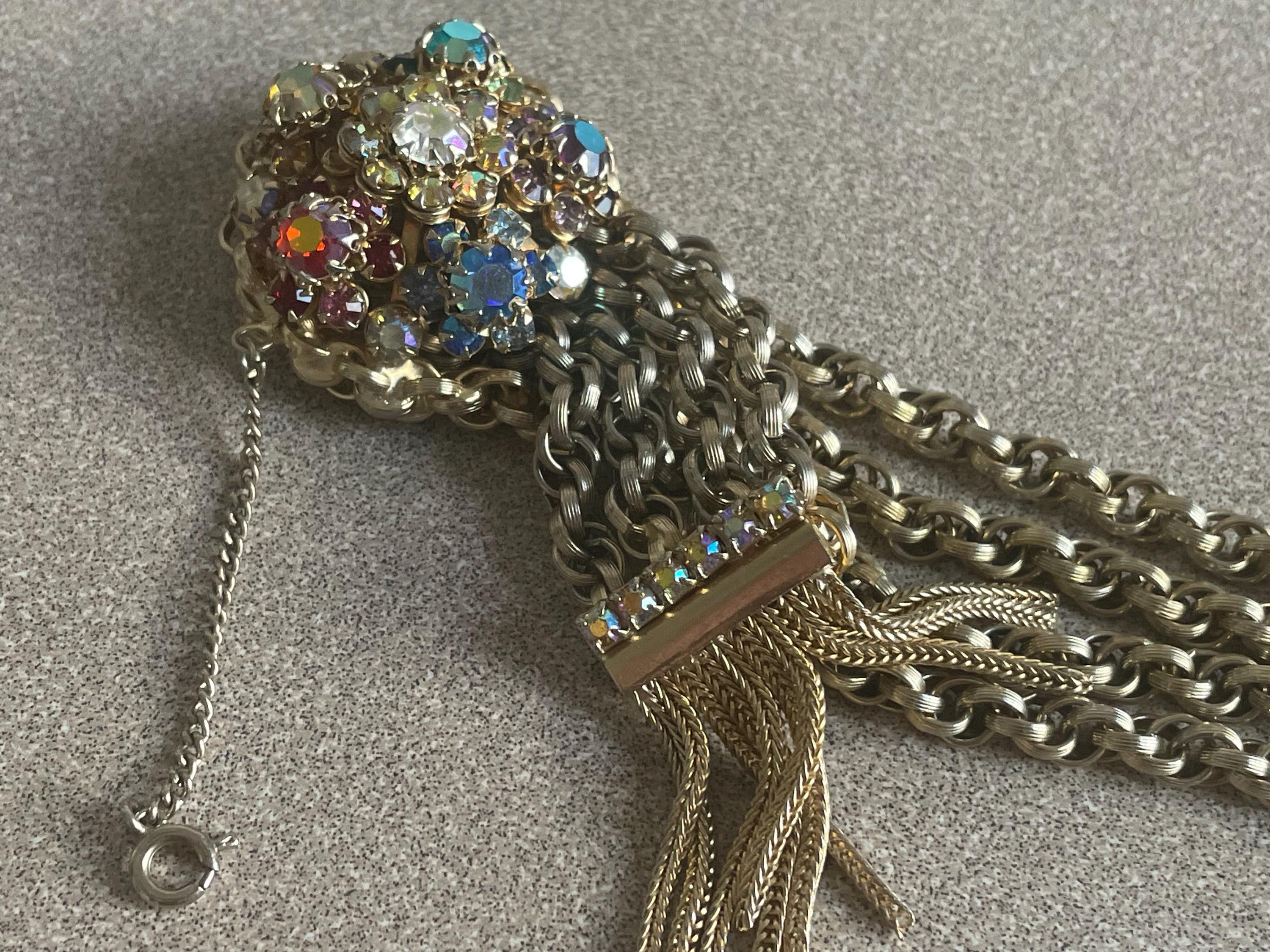 Stunning Rare Vintage Schiaparelli Bracelet Scarf Clip and Earrings Set With Aurora Borealis Stones Watermelon Colors