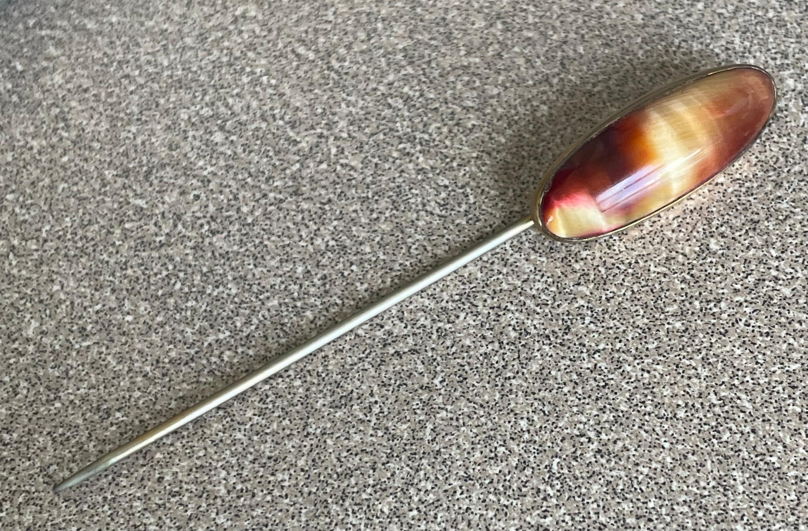 Antique 10k Gold Red and Yellow Agate Stone Gold Hat Pin  Original Box