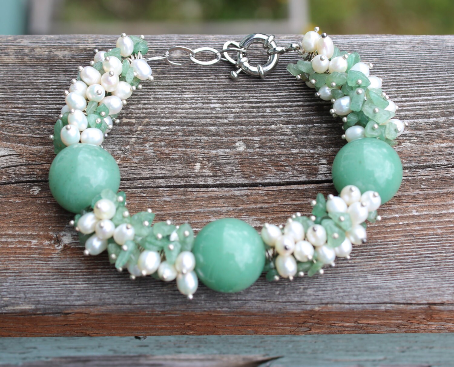 Unique Green Jade and Fresh Water Pearl Bracelet