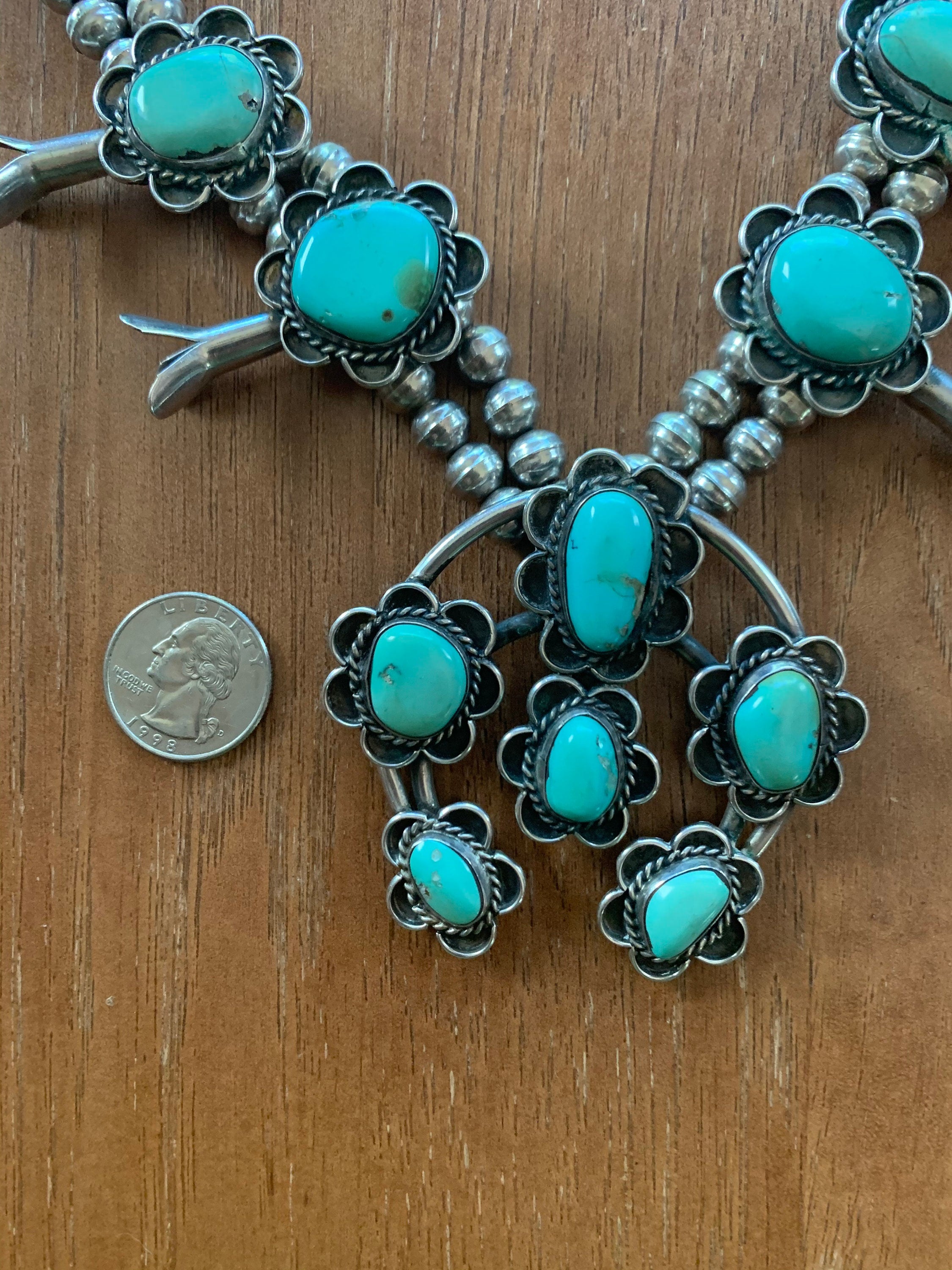 Heavy Sterling Silver Light Green Turquoise Artist Signed Squash Blossom Native American Necklace