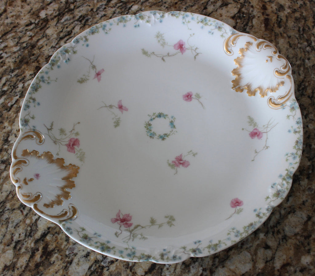 Large Antique Haviland Limoges CFM GDM France Periwinkle and Poppies Serving Dish Gold Trim